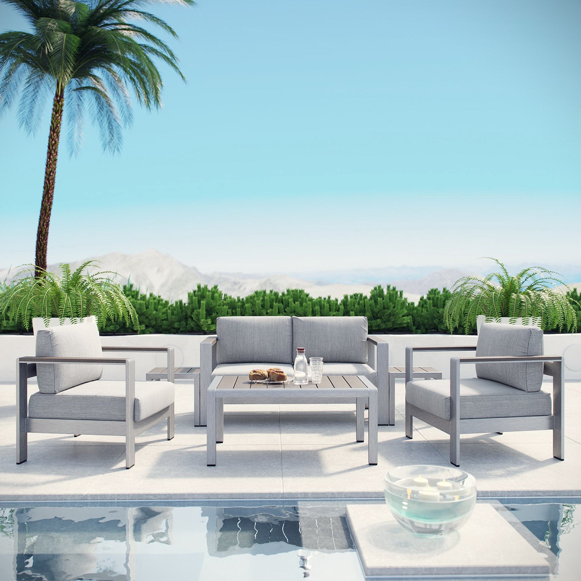 Shore 6 Piece Outdoor Patio Aluminum Sectional Sofa Set - Silver Gray (2 Armchairs, Coffee Table, Loveseat, 2 Side Tables)