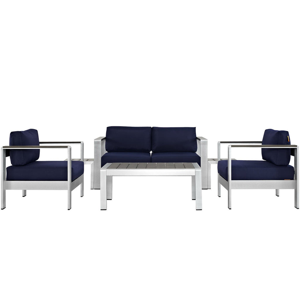 Shore 6 Piece Outdoor Patio Aluminum Sectional Sofa Set - Silver Navy (2 Armchairs, Coffee Table, Loveseat, 2 Side Tables)