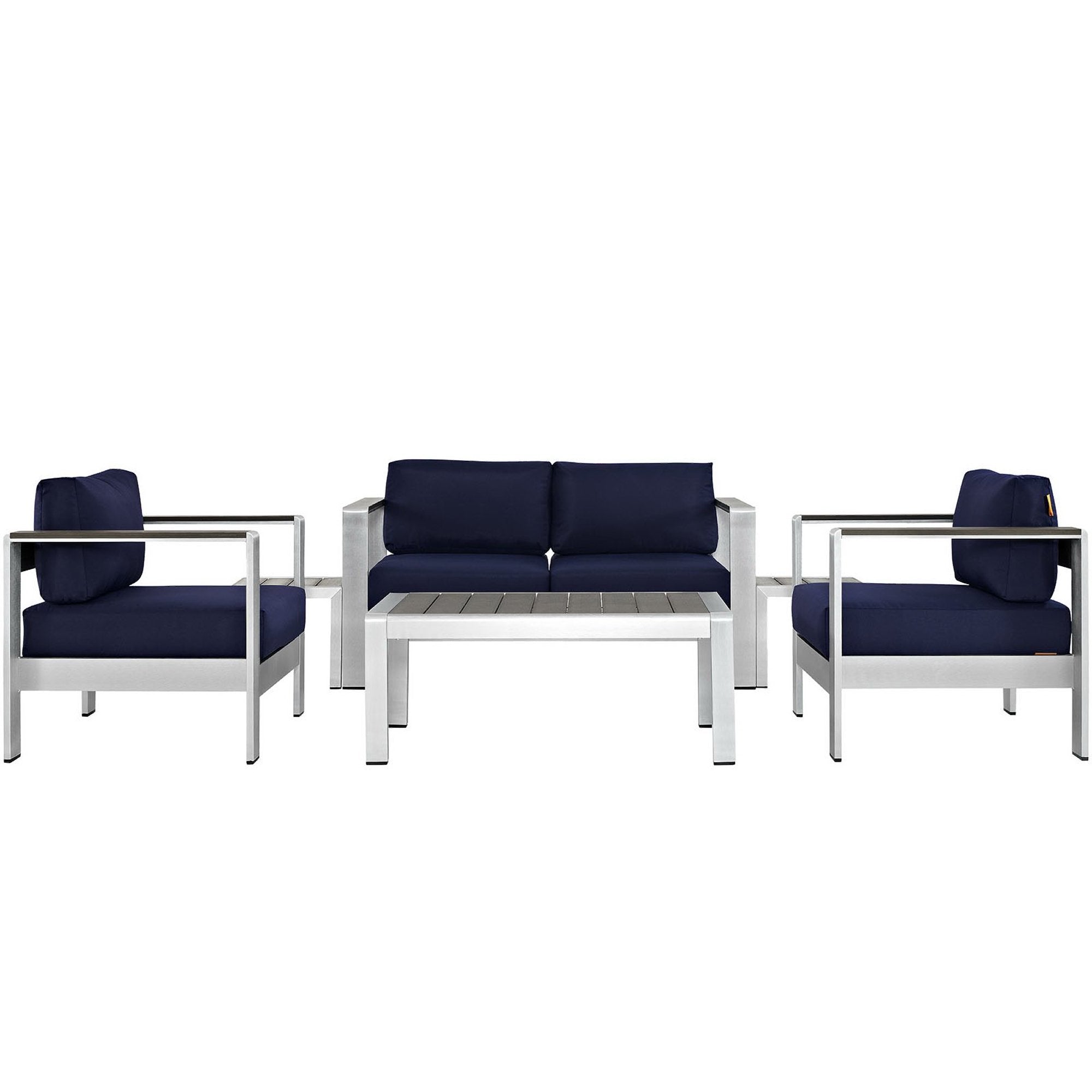 Shore 6 Piece Outdoor Patio Aluminum Sectional Sofa Set - Silver Navy (2 Armchairs, Coffee Table, Loveseat, 2 Side Tables)