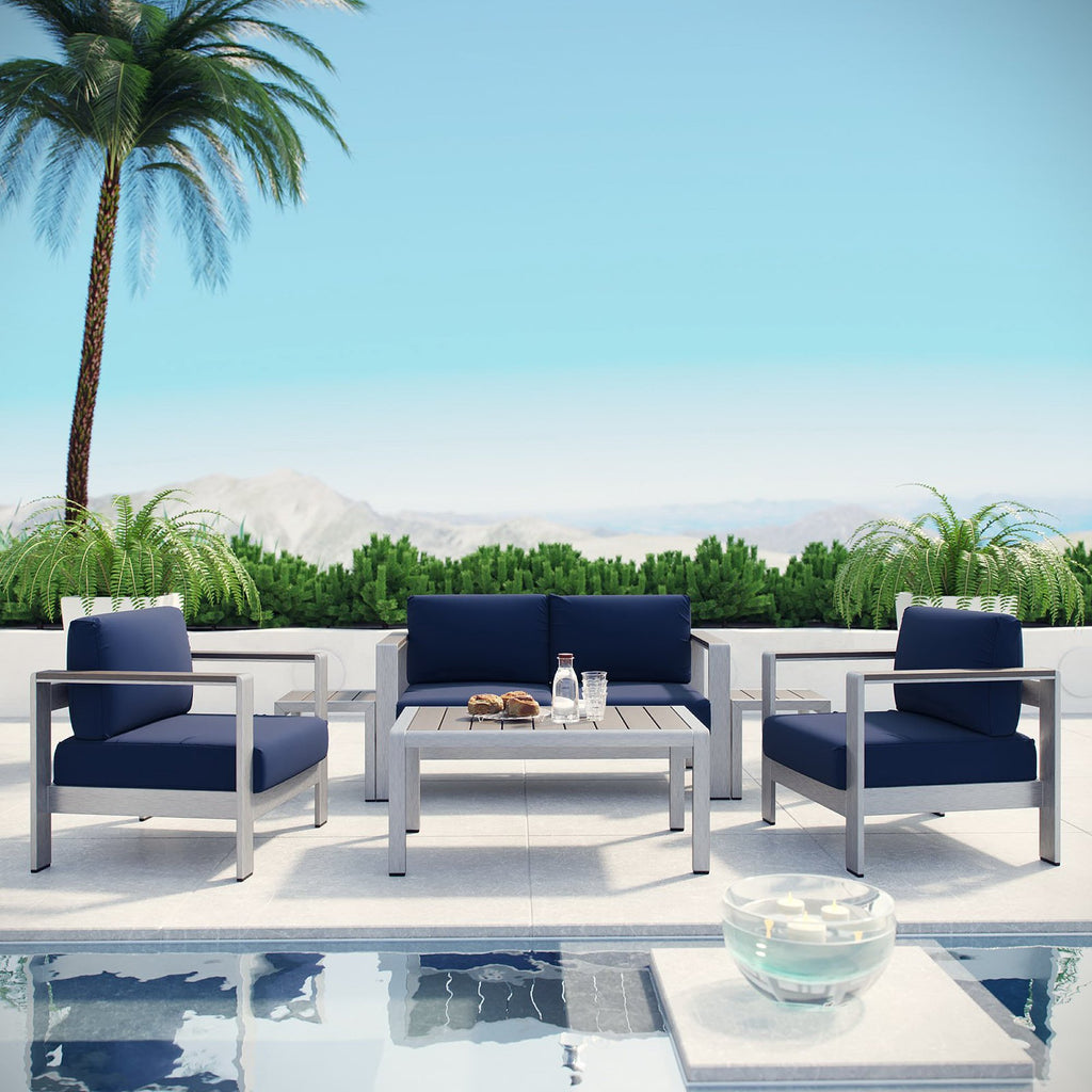 Shore 6 Piece Outdoor Patio Aluminum Sectional Sofa Set - Silver Navy (2 Armchairs, Coffee Table, Loveseat, 2 Side Tables)