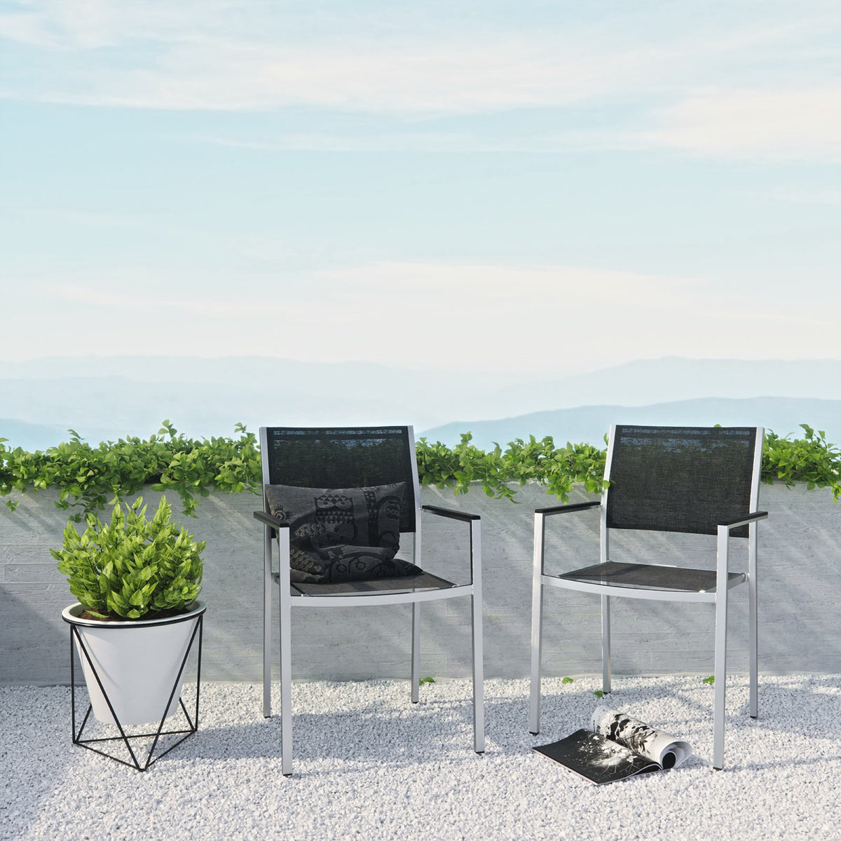 Shore Outdoor Patio Aluminum Dining Chair Set of 2 - Silver Black
