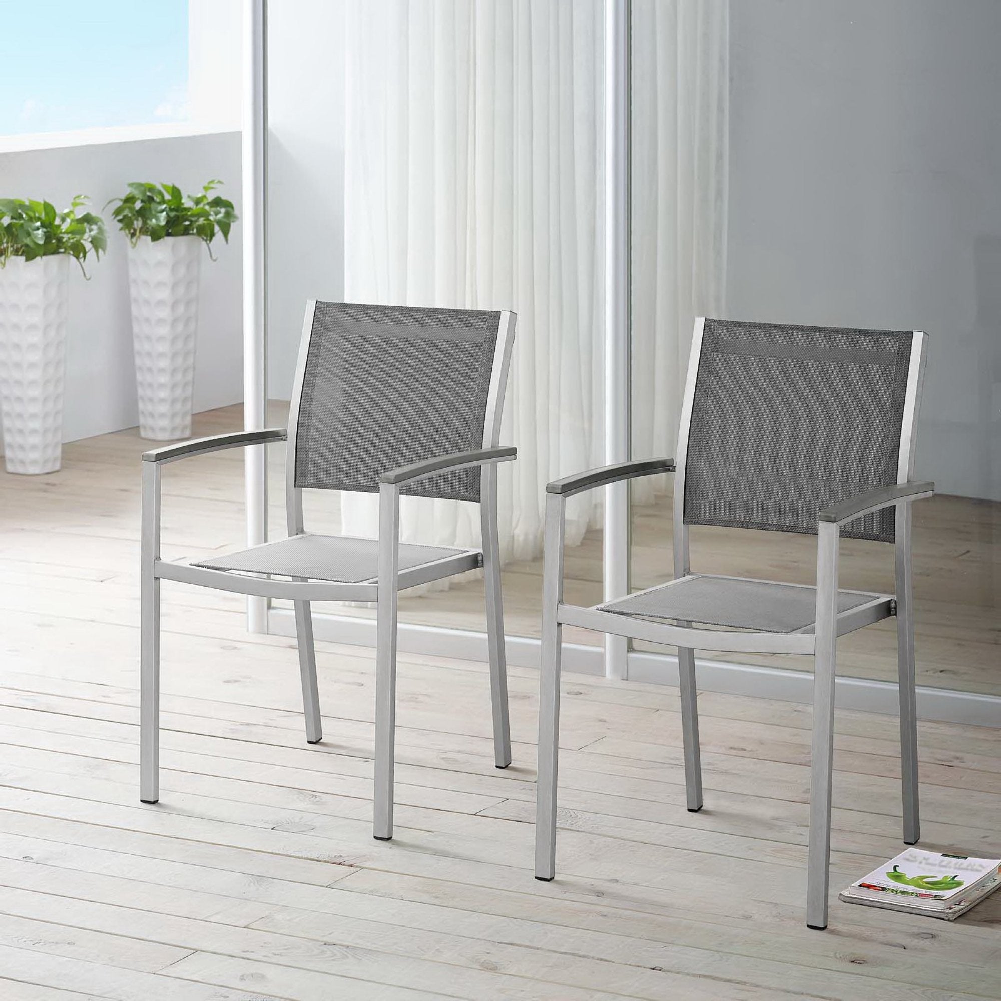 Shore Outdoor Patio Aluminum Dining Chair Set of 2 - Silver Gray