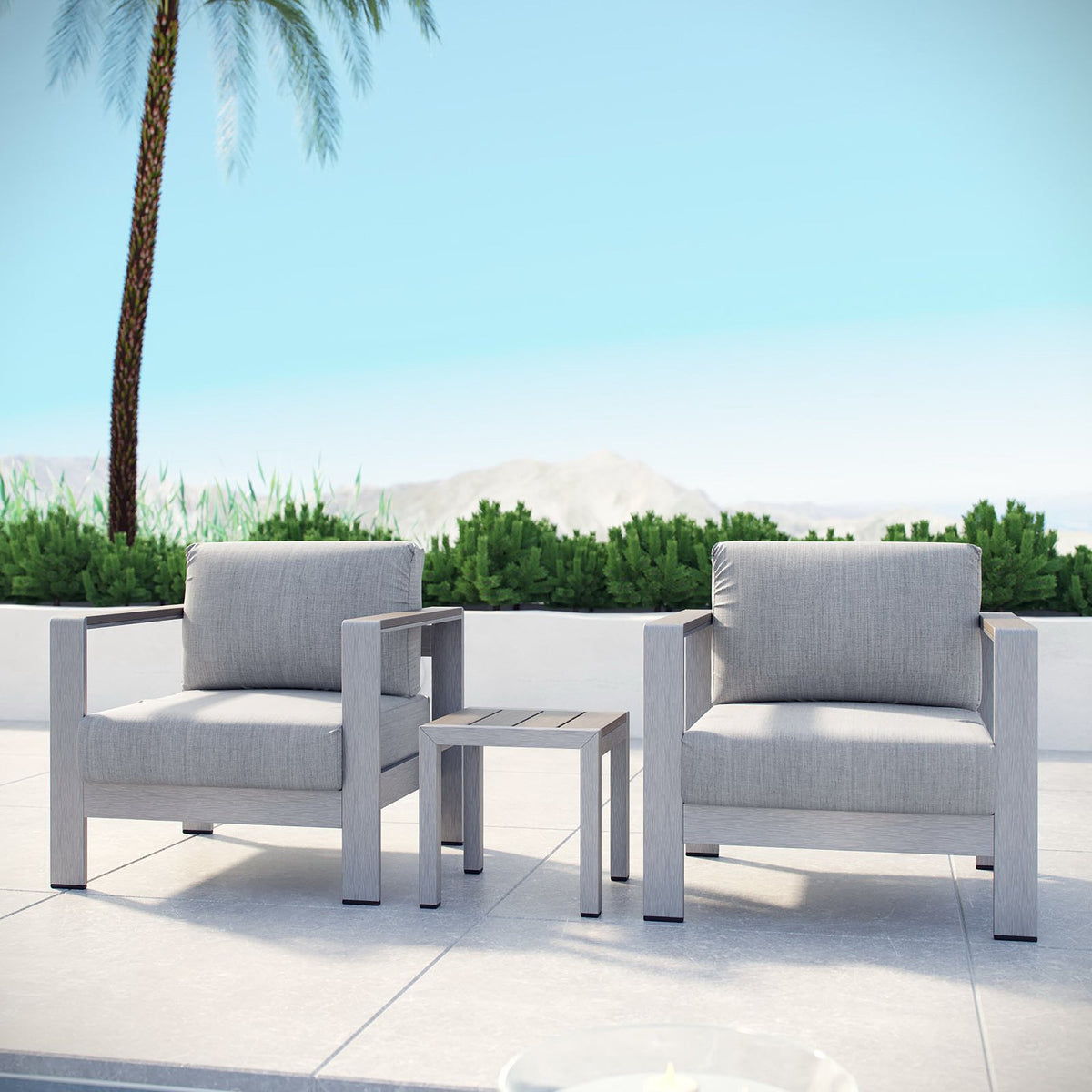 Shore 3 Piece Outdoor Patio Aluminum Set - Silver Gray (2 Armchairs, Side Table)