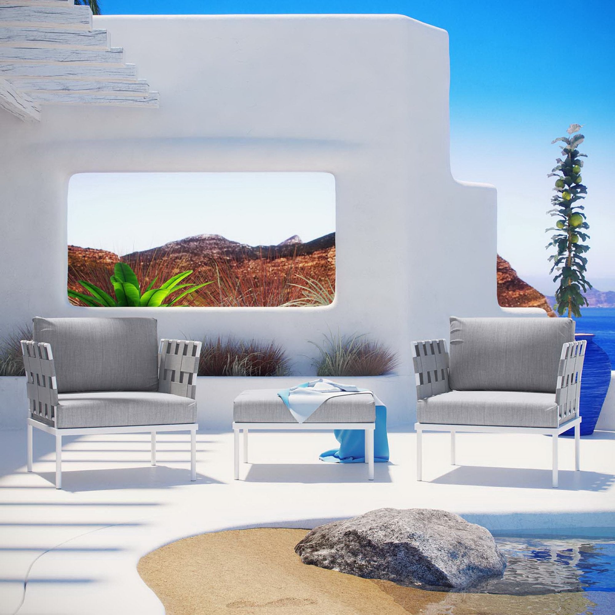 Harmony 3 Piece Outdoor Patio Aluminum Sectional Sofa Set - White Gray