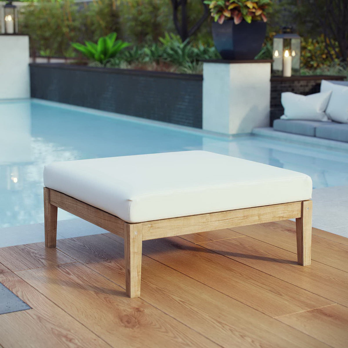 Bayport Outdoor Patio Teak Ottoman - Natural White