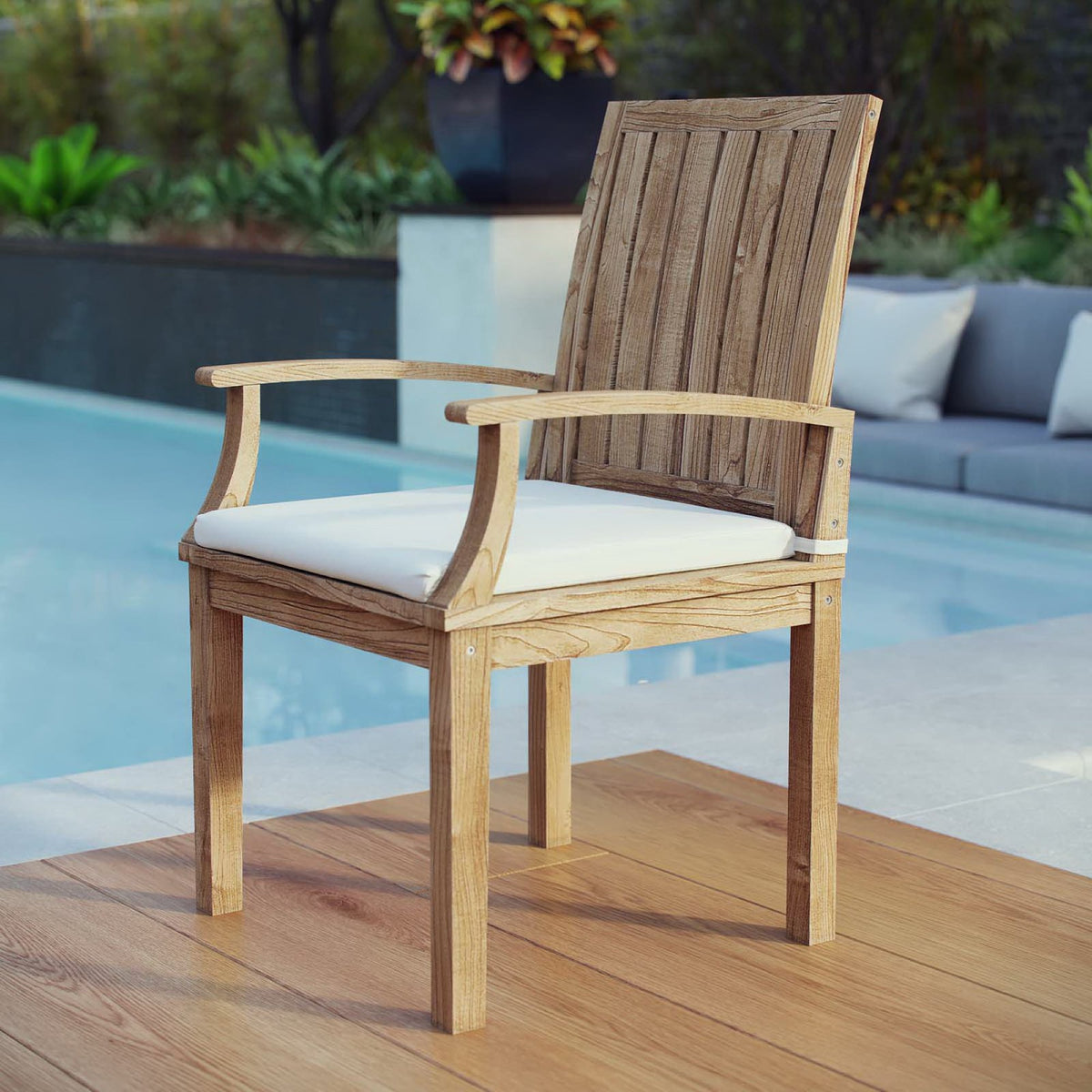 Marina Outdoor Patio Teak Dining Chair - Natural White (EEI-2701-NAT-WHI)