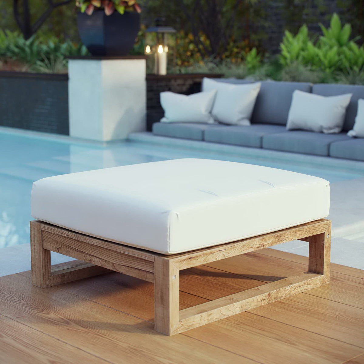 Upland Outdoor Patio Teak Ottoman - Natural White
