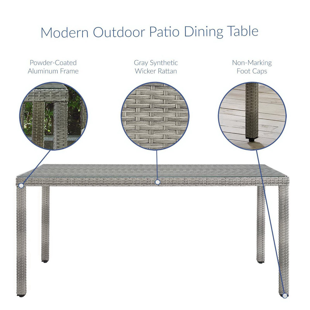 Aura 68" Outdoor Patio Wicker Rattan Dining Table - Gray