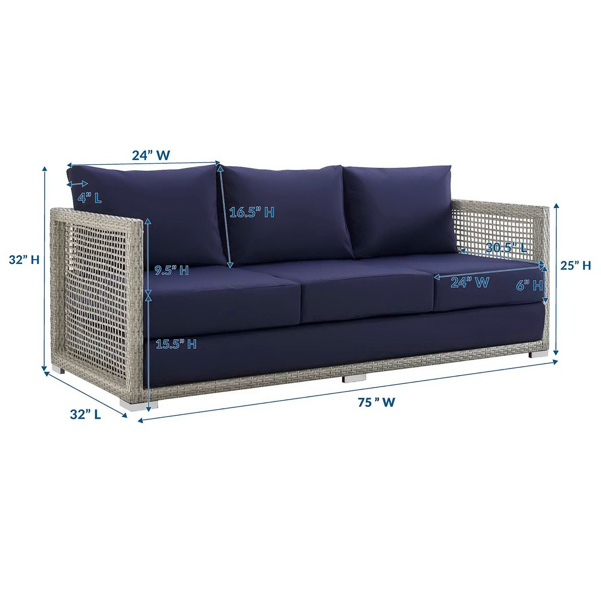 Aura Outdoor Patio Wicker Rattan Sofa - Gray Navy