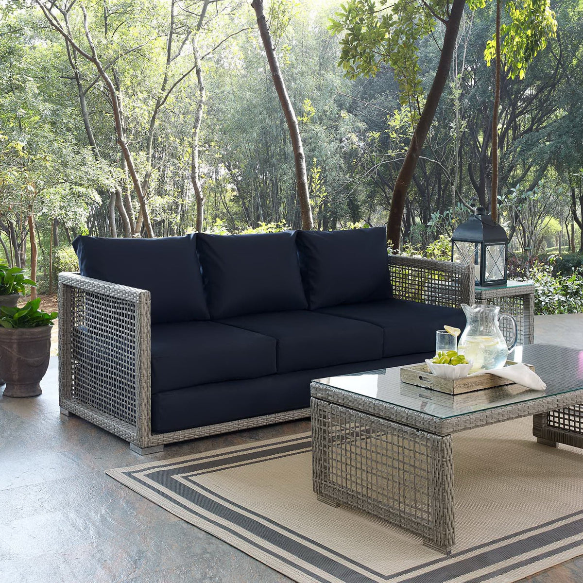 Aura Outdoor Patio Wicker Rattan Sofa - Gray Navy