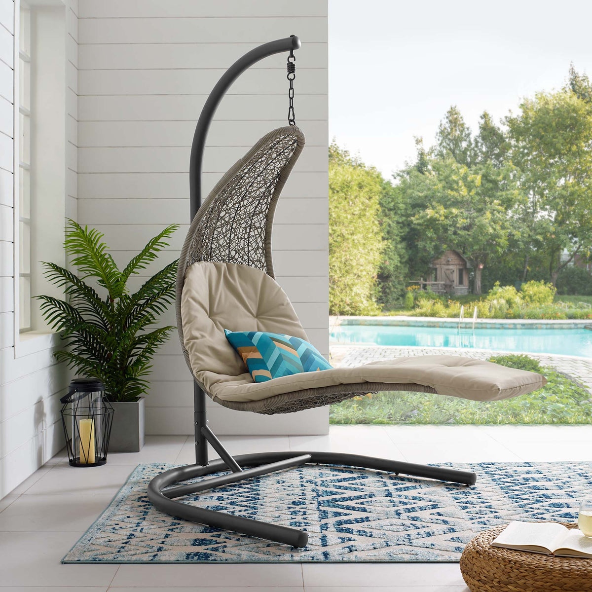 Landscape Hanging Chaise Lounge Outdoor Patio Swing Chair - Light Gray Beige (EEI-2952-LGR-BEI)