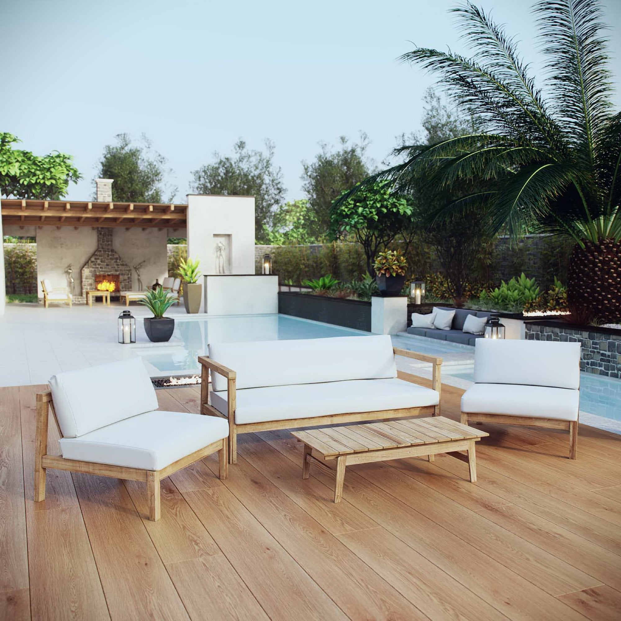 Bayport 4 Piece Outdoor Patio Teak Set - Natural White (2 Armless Chairs, Coffee Table, Loveseat)