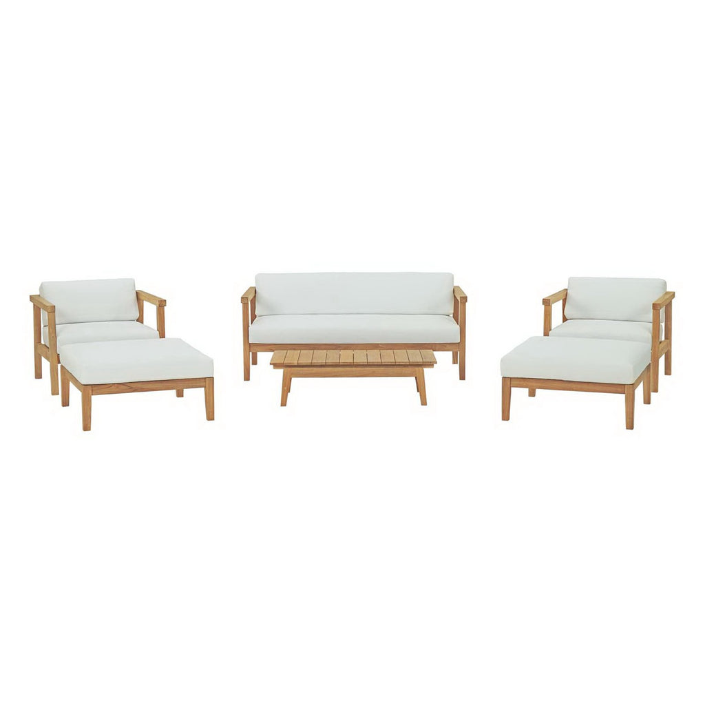 Bayport 6 Piece Outdoor Patio Teak Set - Natural White (2 Armchairs, Coffee Table, 2 Ottomans, Sofa)