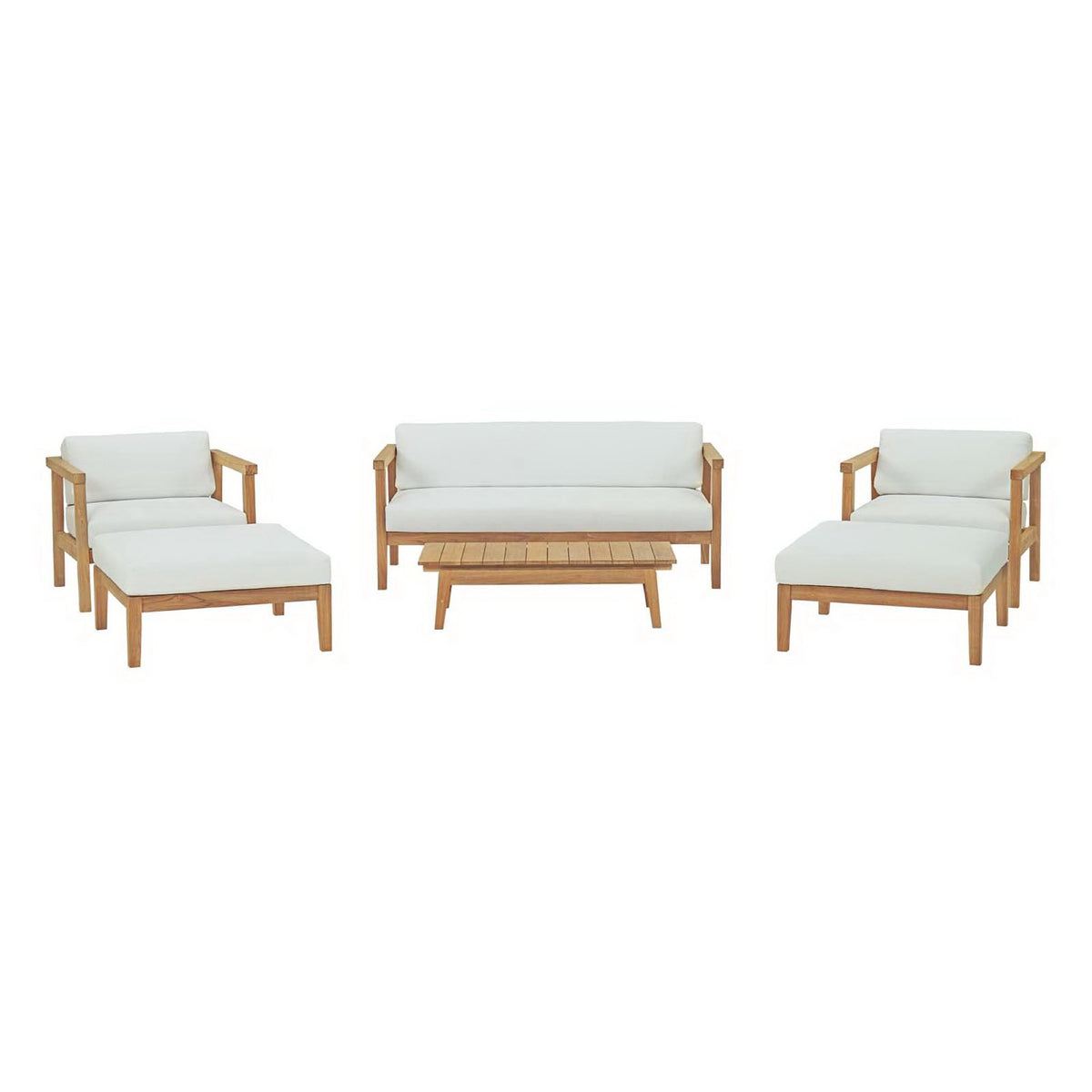 Bayport 6 Piece Outdoor Patio Teak Set - Natural White (2 Armchairs, Coffee Table, 2 Ottomans, Sofa)