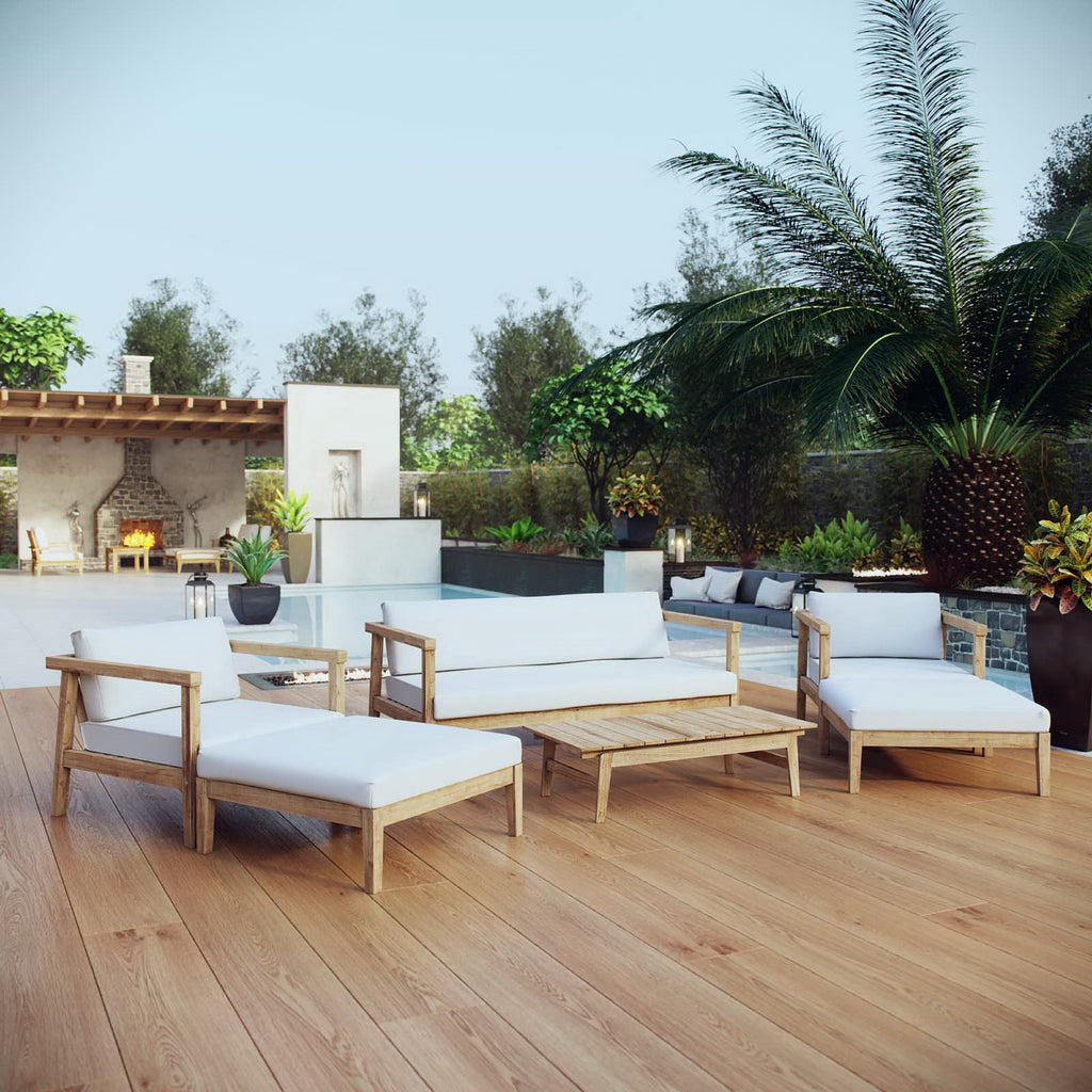 Bayport 6 Piece Outdoor Patio Teak Set - Natural White (2 Armchairs, Coffee Table, 2 Ottomans, Sofa)