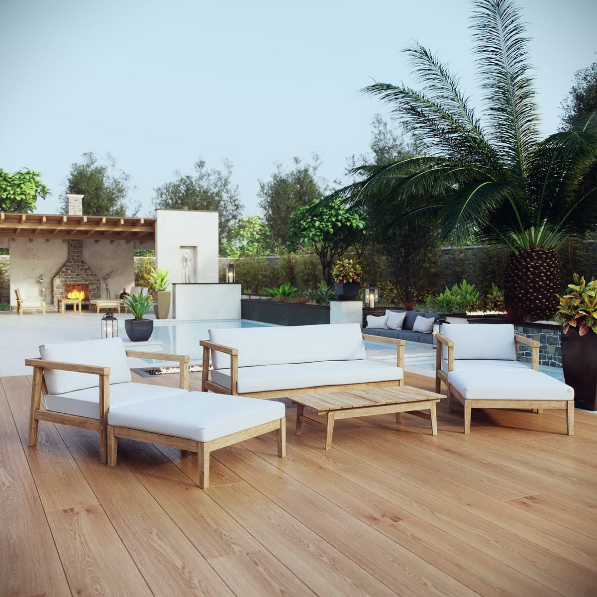 Bayport 6 Piece Outdoor Patio Teak Set - Natural White (2 Armchairs, Coffee Table, 2 Ottomans, Sofa)