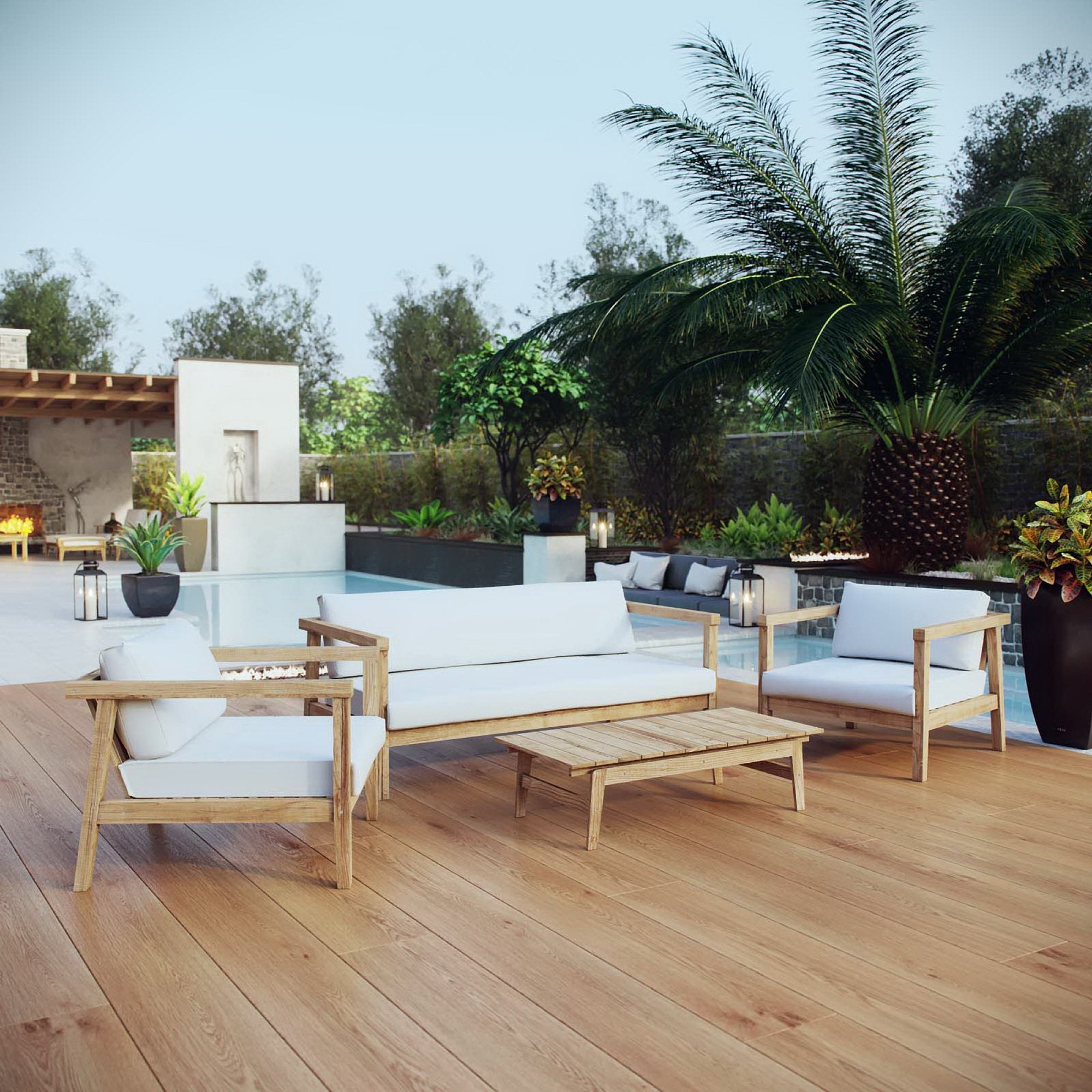 Bayport 4 Piece Outdoor Patio Teak Set - Natural White (2 Armchairs, Coffee Table, Loveseat)