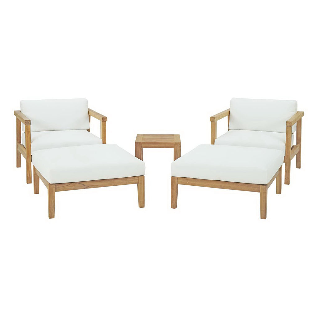 Bayport 5 Piece Outdoor Patio Teak Set - Natural White (2 Armchairs, 2 Ottomans, Side Table)