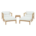 Bayport 5 Piece Outdoor Patio Teak Set - Natural White (2 Armchairs, 2 Ottomans, Side Table)