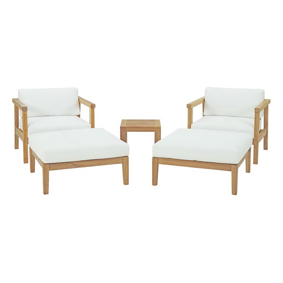 Bayport 5 Piece Outdoor Patio Teak Set - Natural White (2 Armchairs, 2 Ottomans, Side Table)