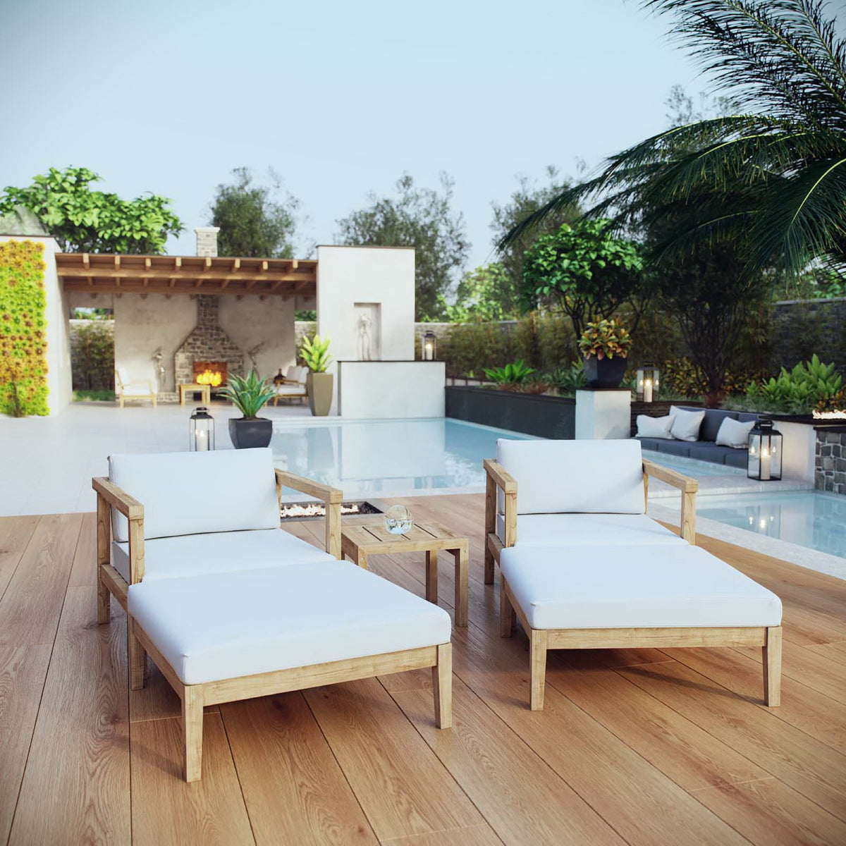 Bayport 5 Piece Outdoor Patio Teak Set - Natural White (2 Armchairs, 2 Ottomans, Side Table)