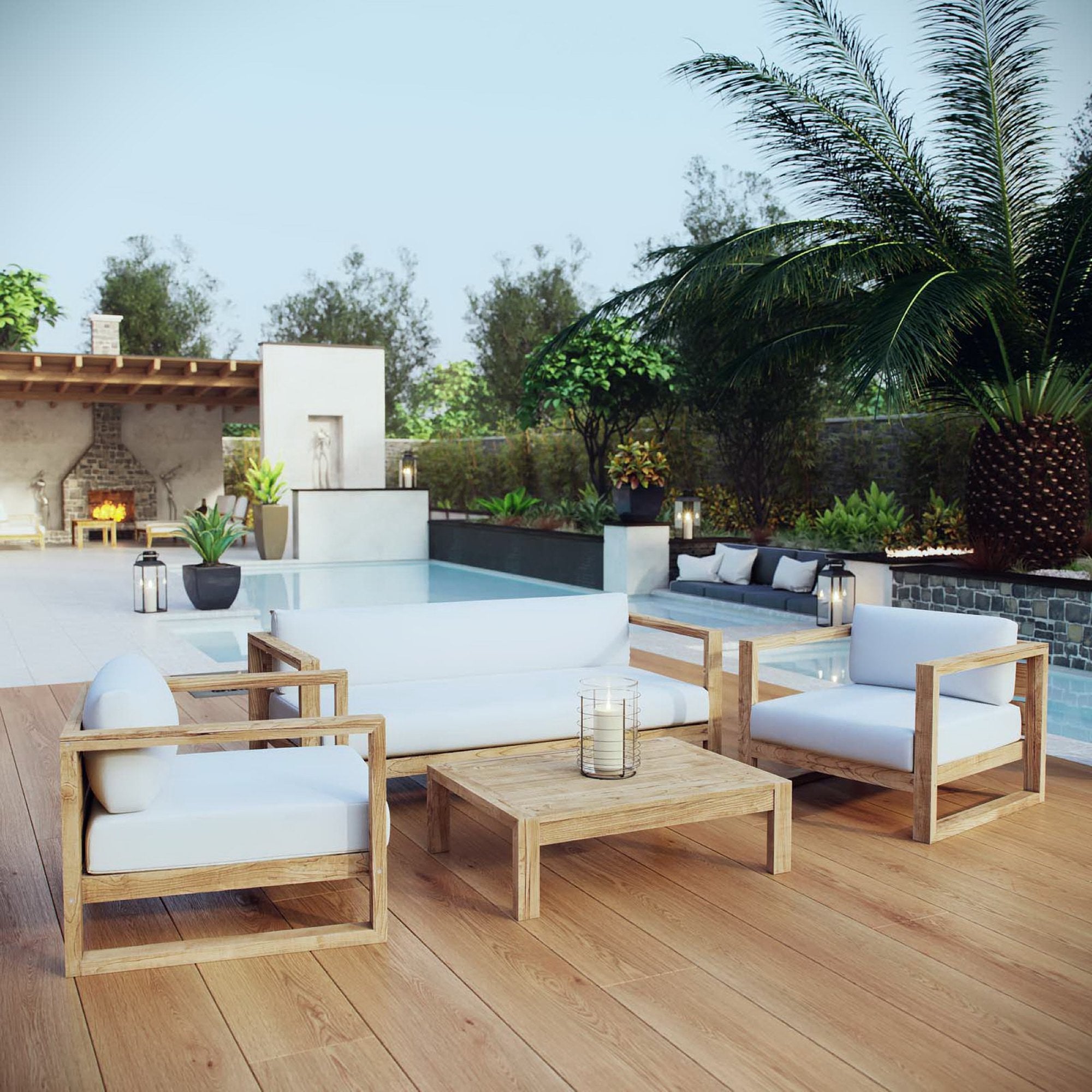 Upland 4 Piece Outdoor Patio Teak Set - Natural White