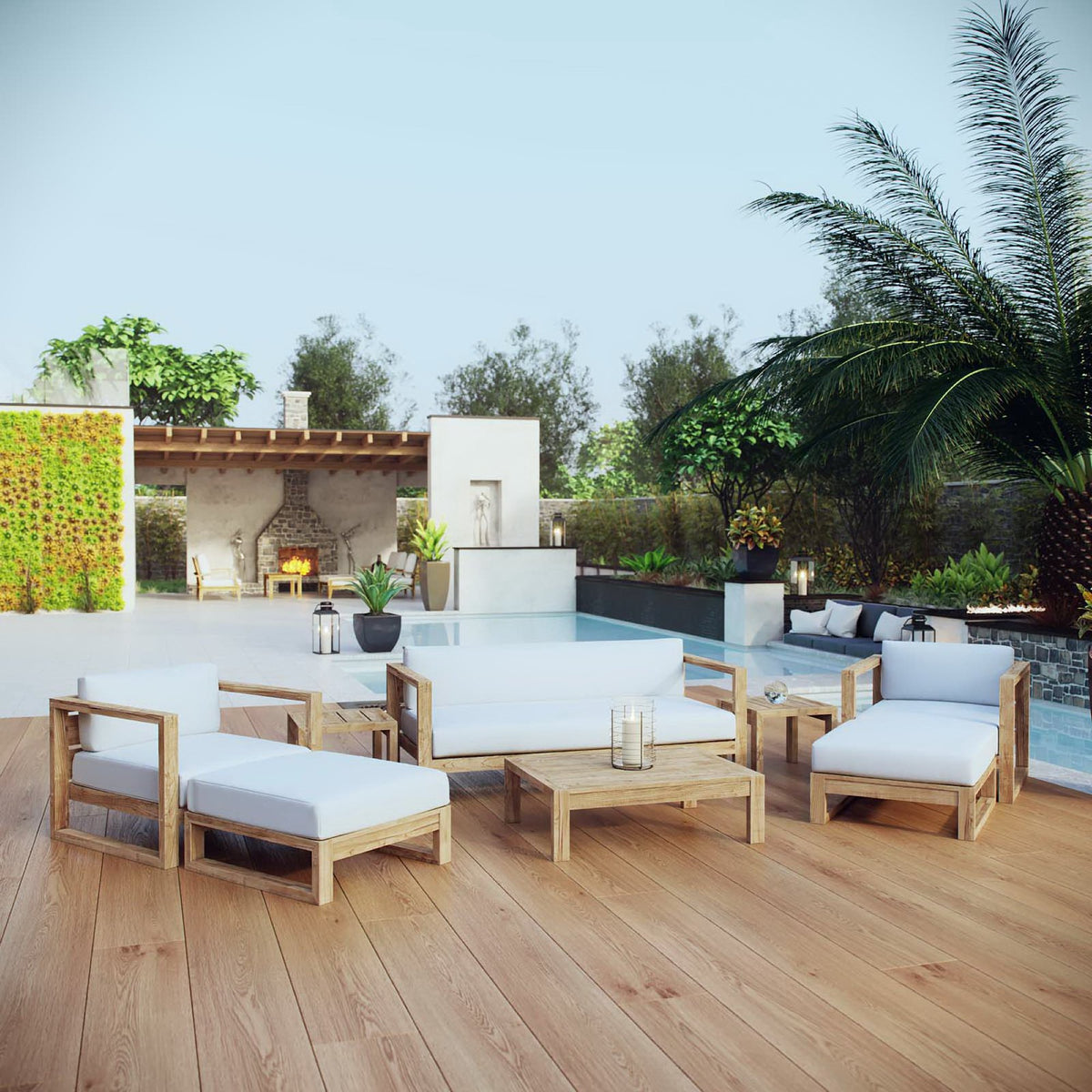 Upland 8 Piece Outdoor Patio Teak Set - Natural White