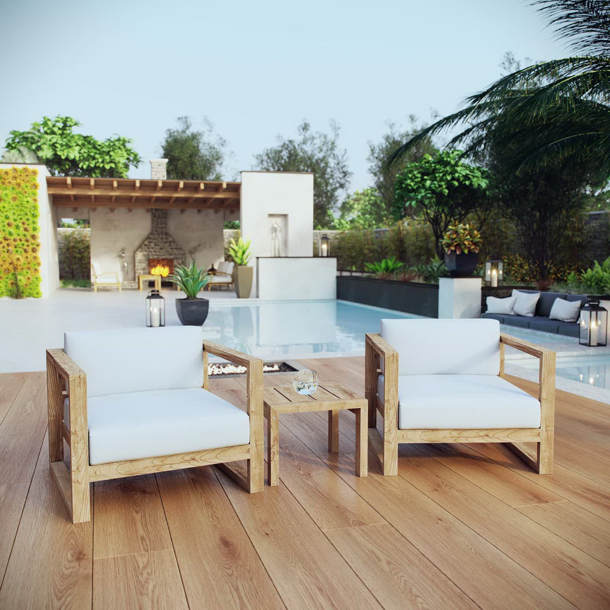 Upland 3 Piece Outdoor Patio Teak Set - Natural White (2 Armchairs, Side Table)