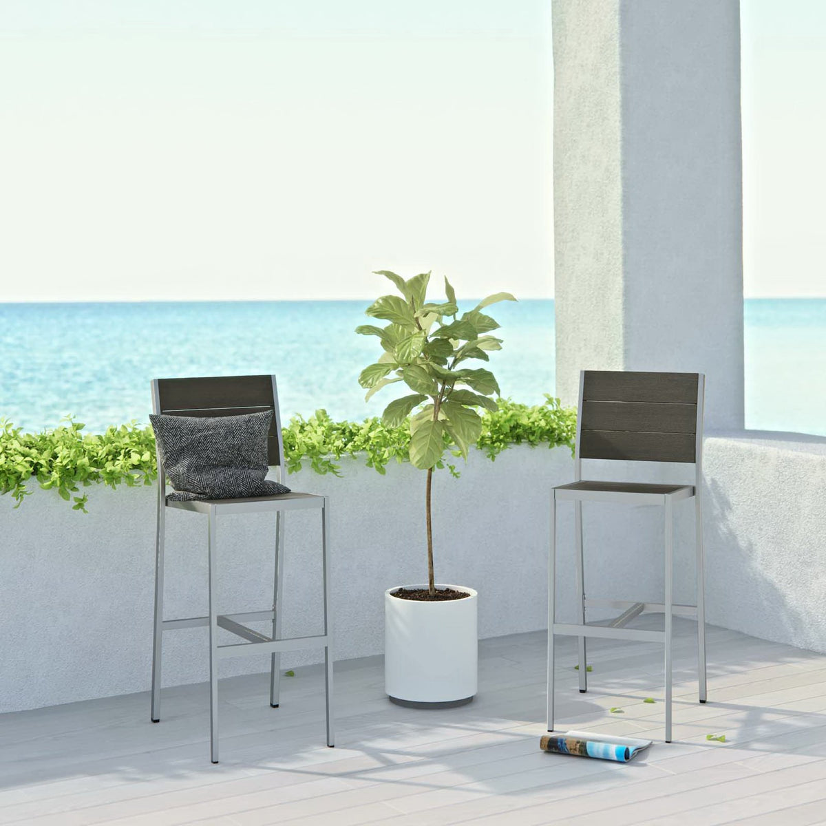 Shore Outdoor Patio Aluminum Armless Bar Stool Set of 2 - Silver Gray