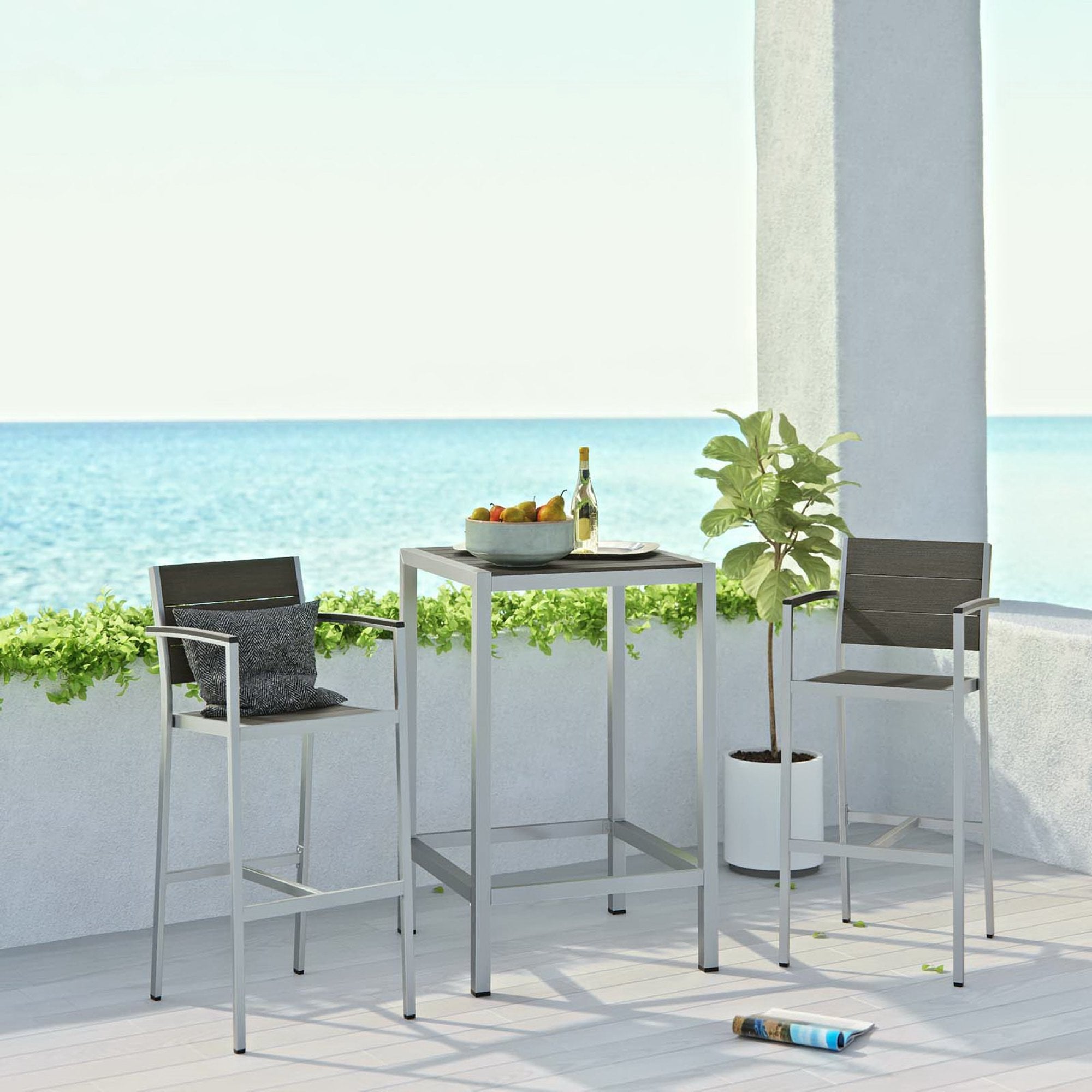 Shore 3 Piece Outdoor Patio Aluminum Pub Set - Silver Gray (EEI-3157-SLV-GRY-SET)