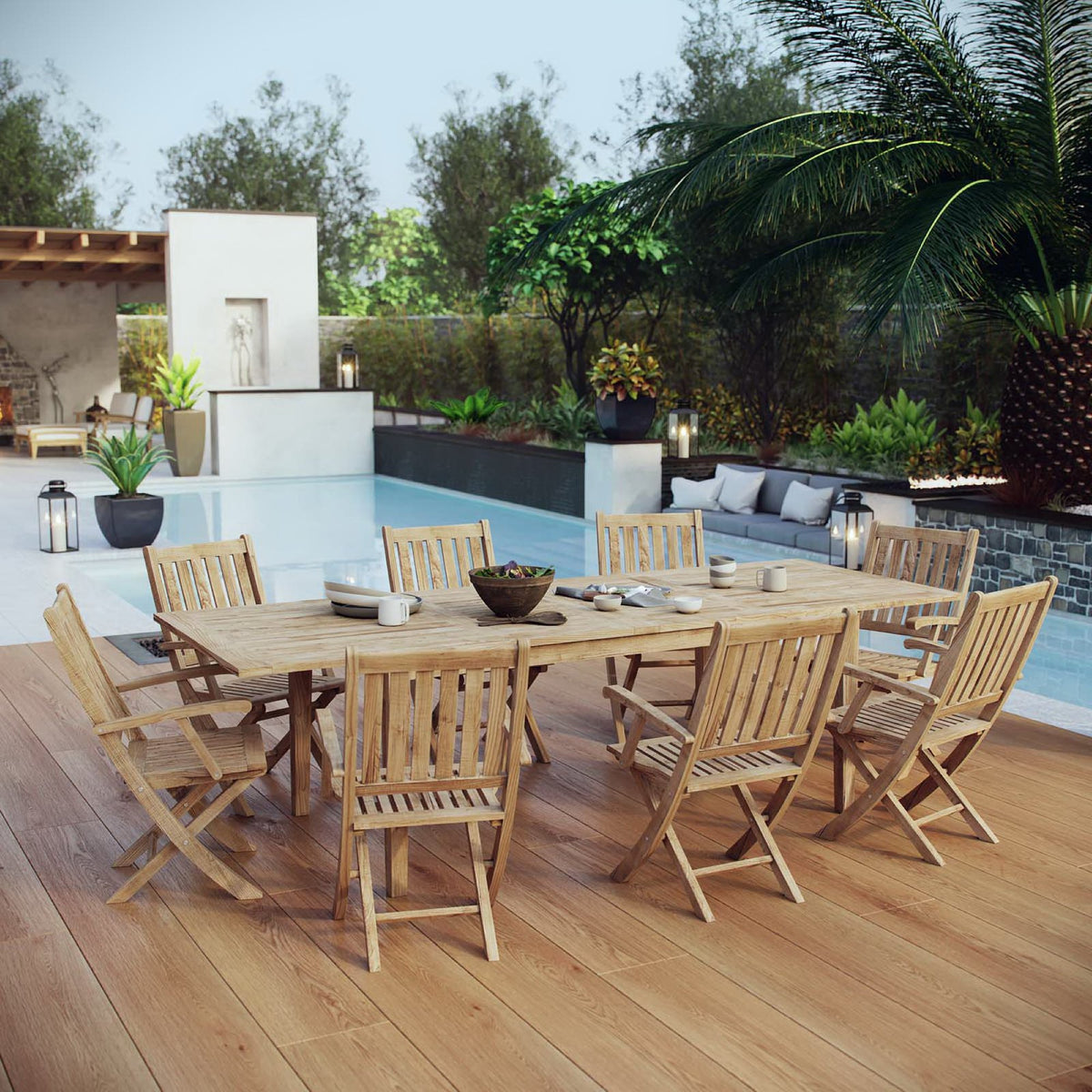 Marina 9 Piece Outdoor Patio Teak Dining Set - Natural (8 Armchairs, Table)