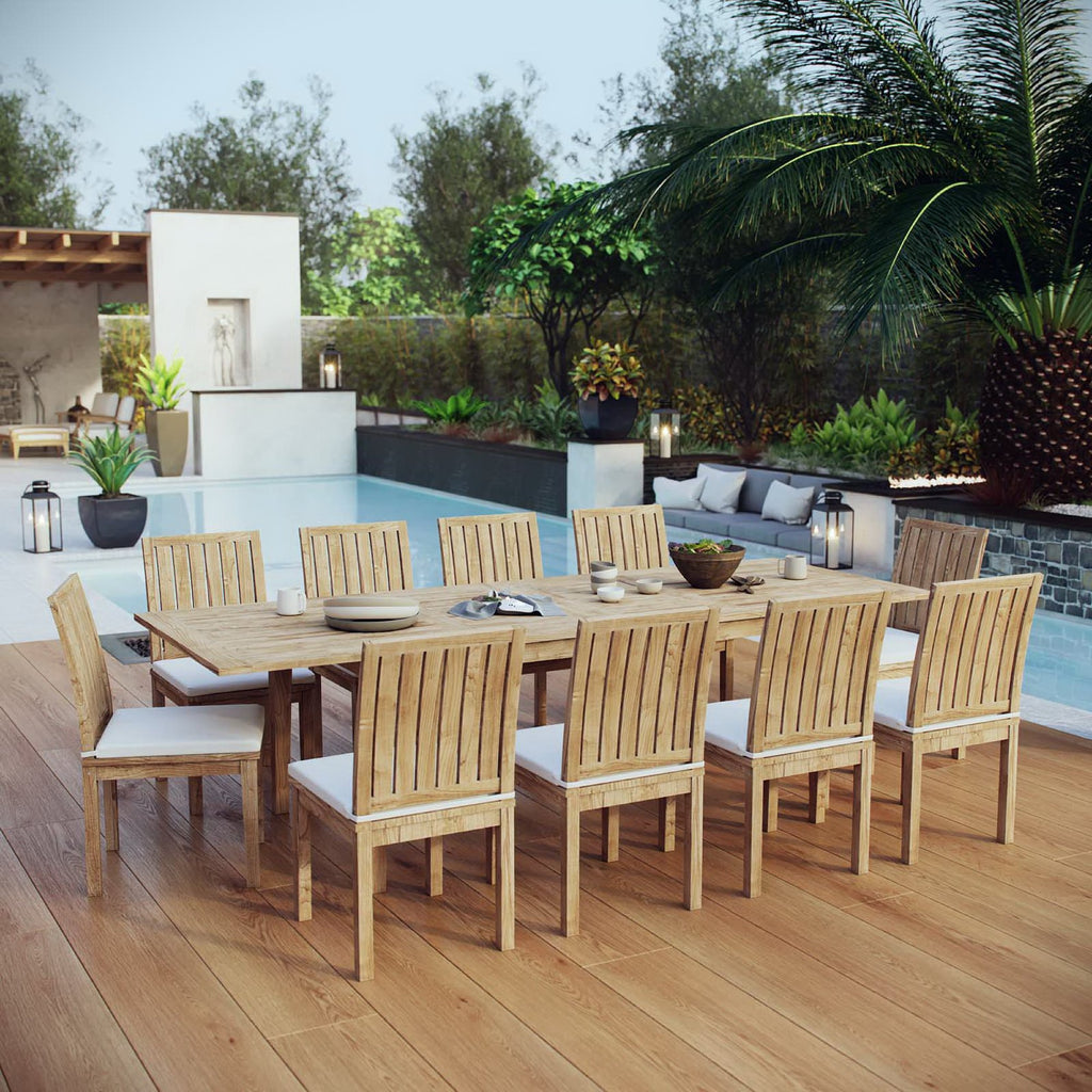 Marina 11 Piece Outdoor Patio Teak Dining Set - Natural White (10 Side Chairs, Table)