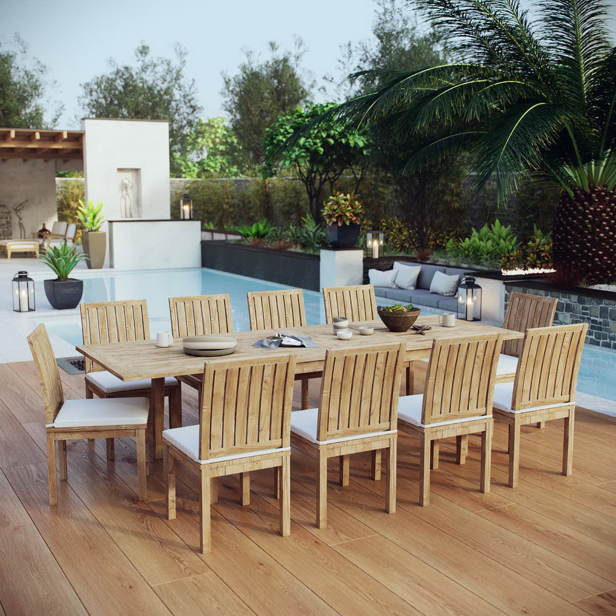 Marina 11 Piece Outdoor Patio Teak Dining Set - Natural White (10 Side Chairs, Table)