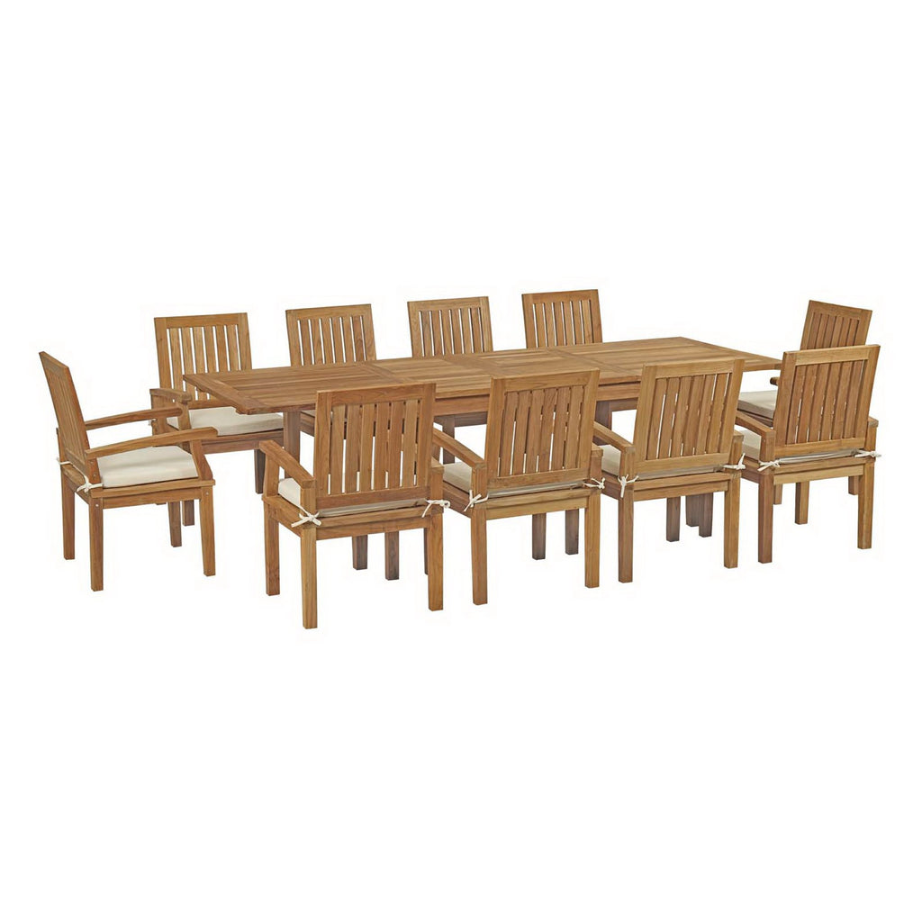 Marina 11 Piece Outdoor Patio Teak Dining Set - Natural White (10 Armchairs, Table)