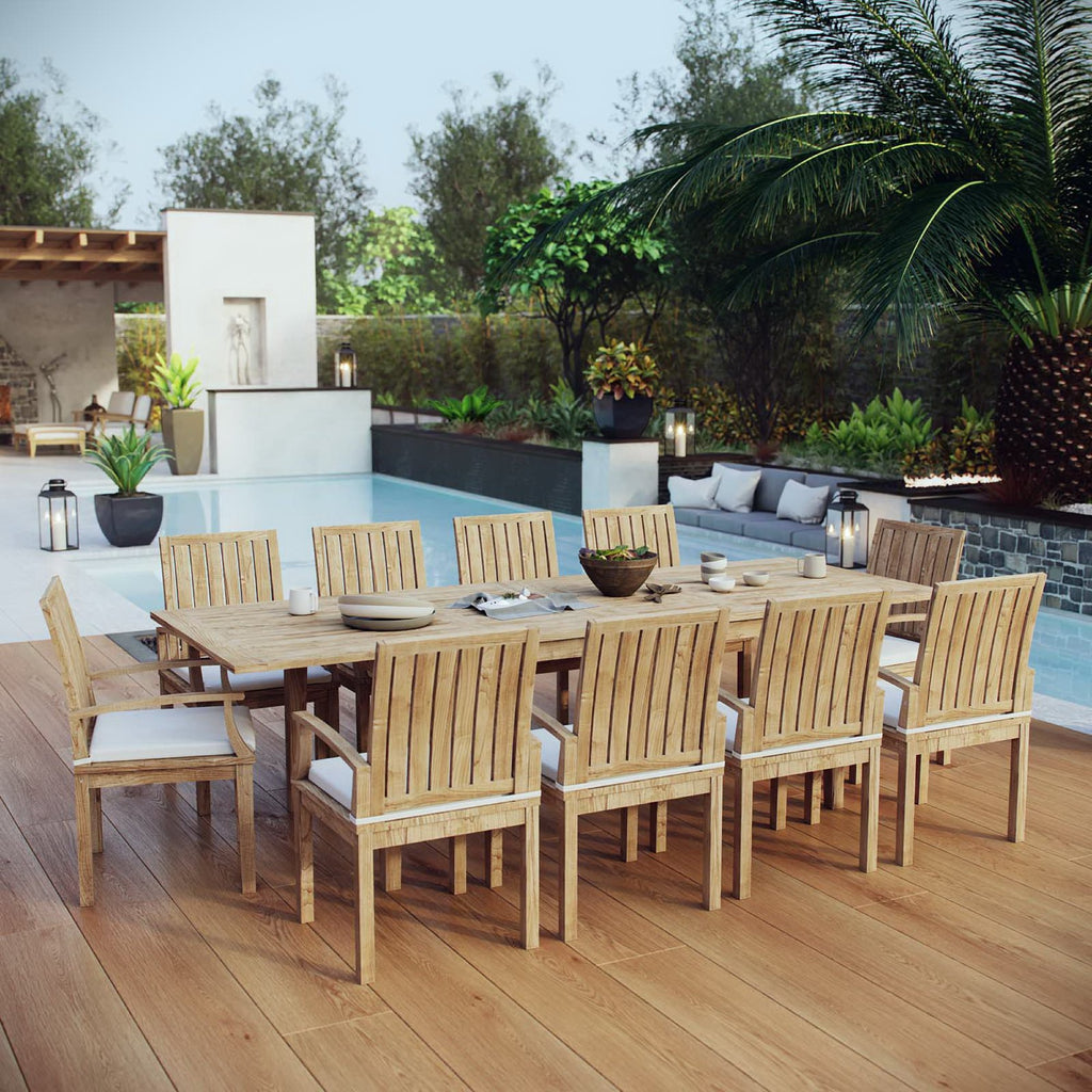 Marina 11 Piece Outdoor Patio Teak Dining Set - Natural White (10 Armchairs, Table)