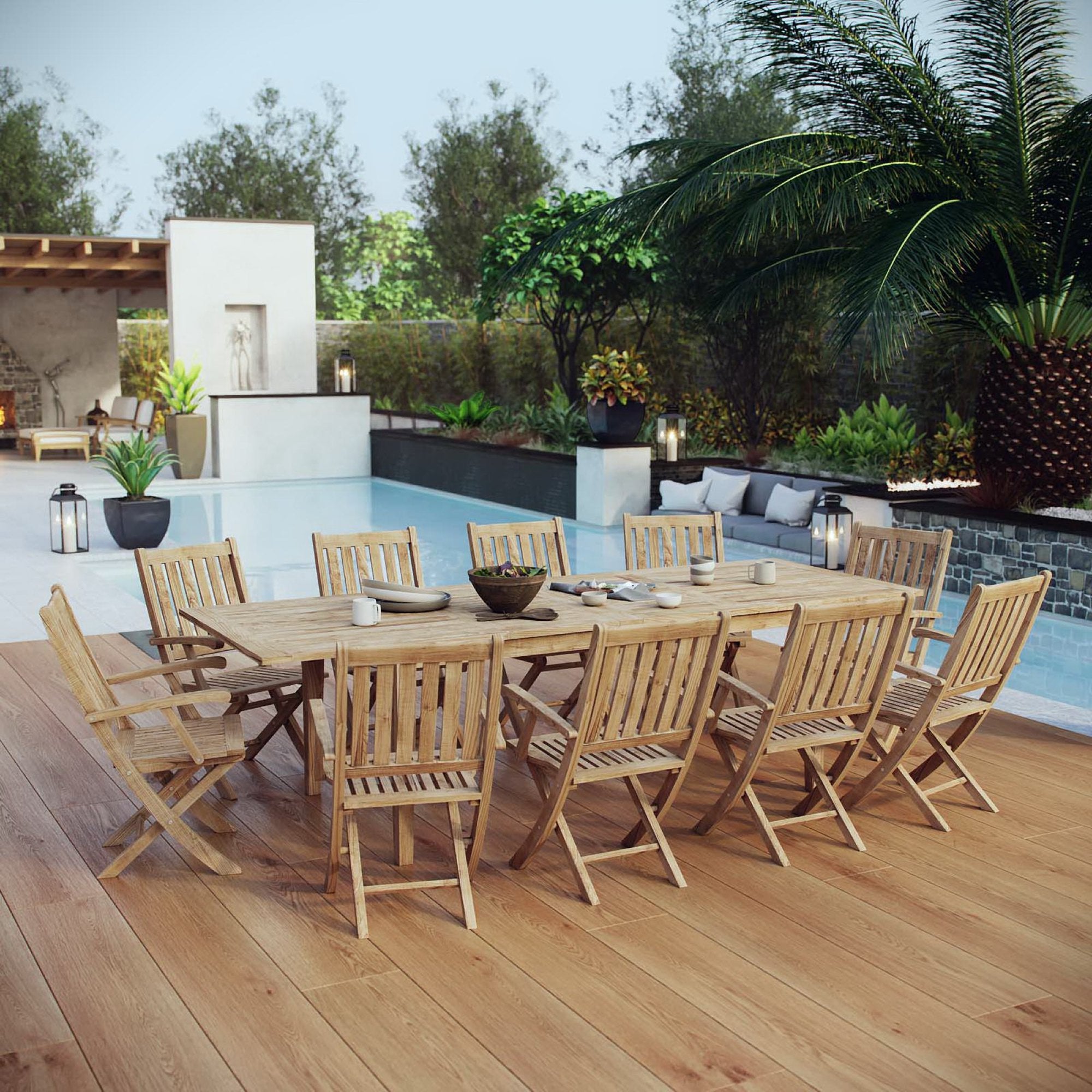 Marina 11 Piece Outdoor Patio Teak Dining Set - Natural (10 Armchairs, Table)