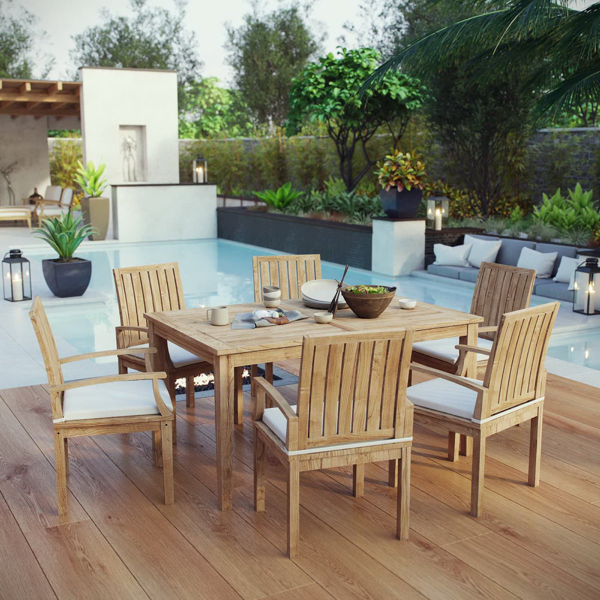 Marina 7 Piece Outdoor Patio Teak Dining Set - Natural White (EEI-3292-NAT-WHI-SET)