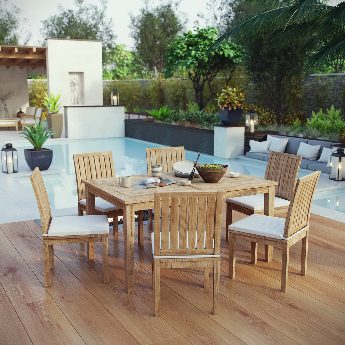 Marina 7 Piece Outdoor Patio Teak Dining Set - Natural White (EEI-3293-NAT-WHI-SET)