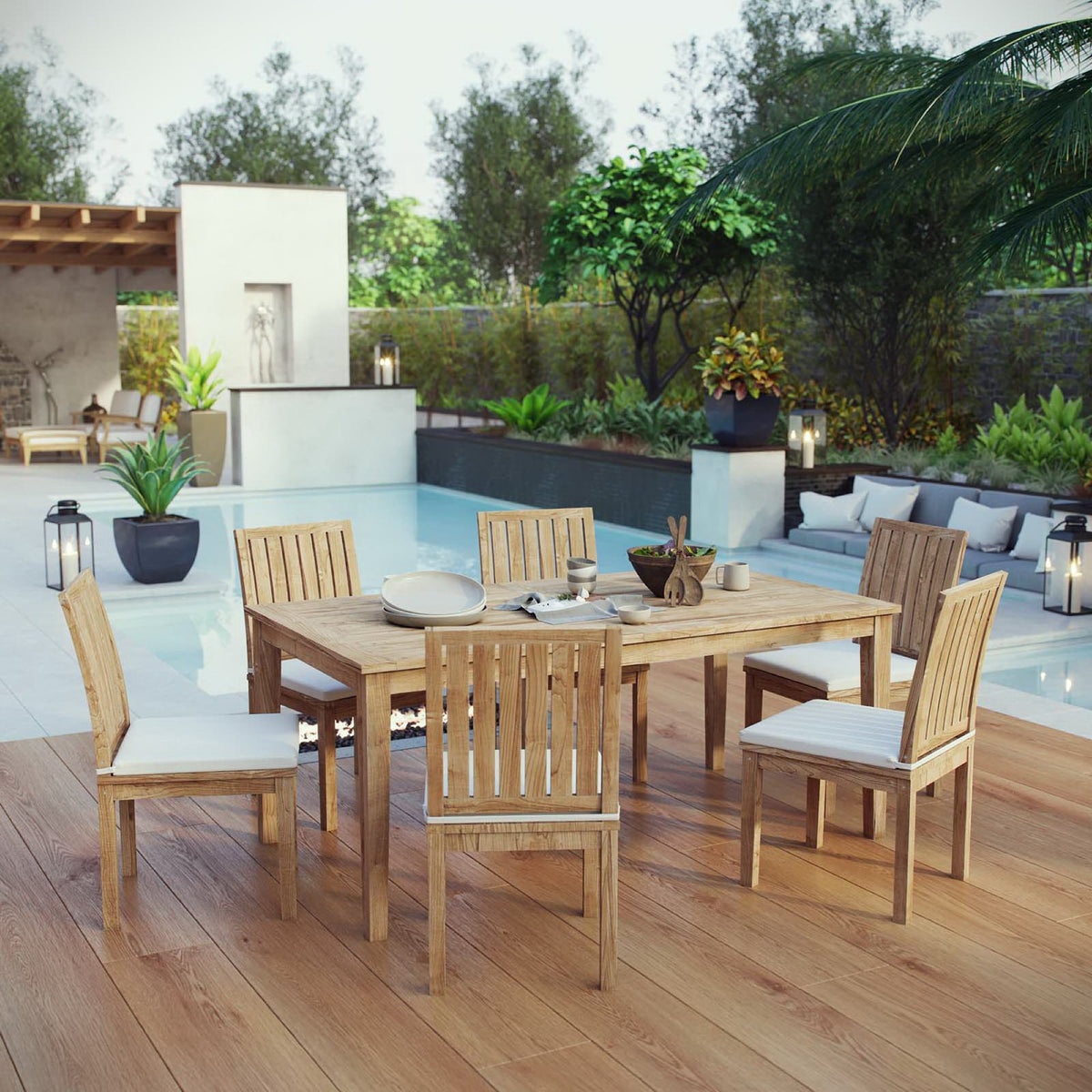 Marina 7 Piece Outdoor Patio Teak Dining Set - Natural White (EEI-3294-NAT-WHI-SET)