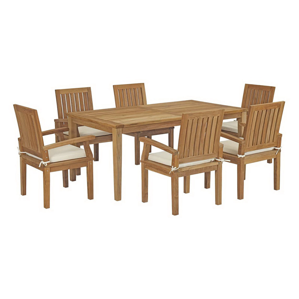 Marina 7 Piece Outdoor Patio Teak Dining Set - Natural White (EEI-3295-NAT-WHI-SET)