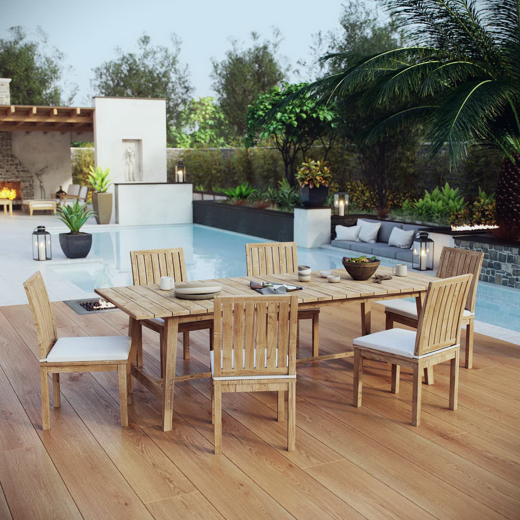 Marina 7 Piece Outdoor Patio Teak Dining Set - Natural White (Table, 6 Side Chairs)