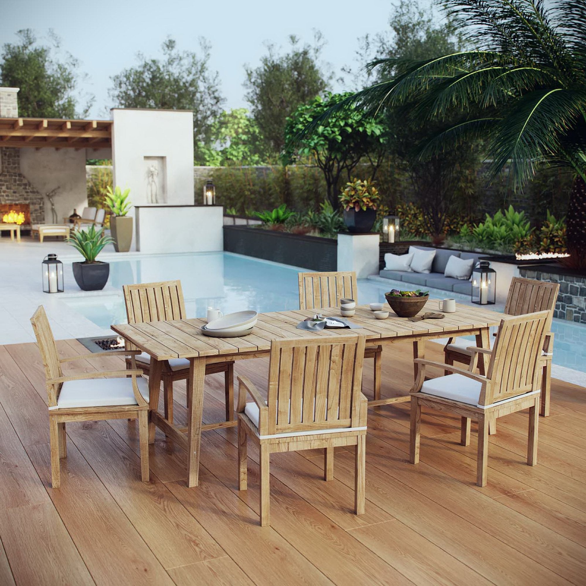 Marina 7 Piece Outdoor Patio Teak Dining Set - Natural White (Table, 6 Armchairs)