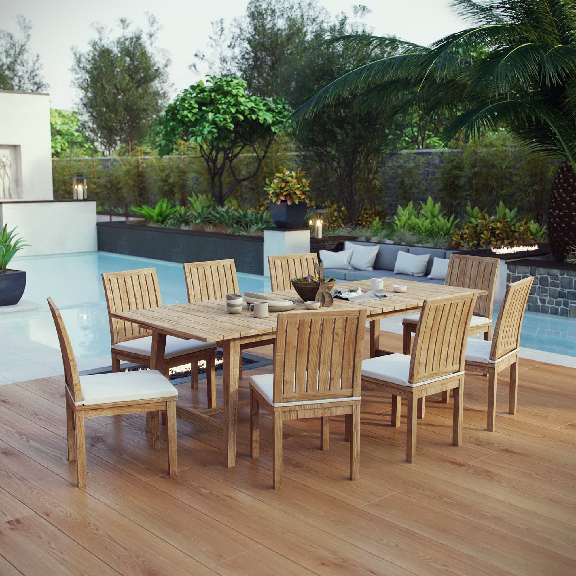 Marina 9 Piece Outdoor Patio Teak Dining Set - Natural White (Table, 8 Side Chairs)