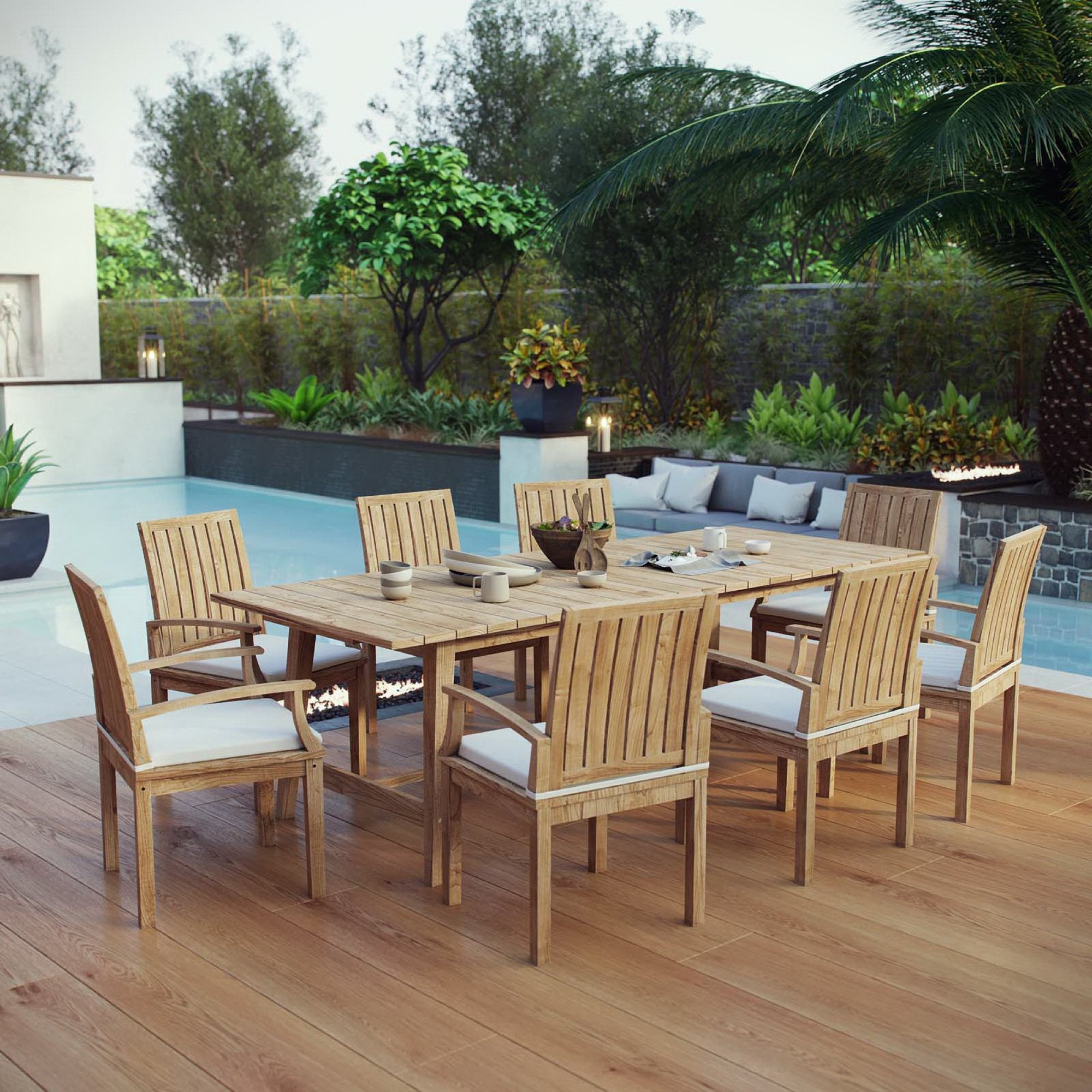 Marina 9 Piece Outdoor Patio Teak Dining Set - Natural White (Table, 8 Armchairs)