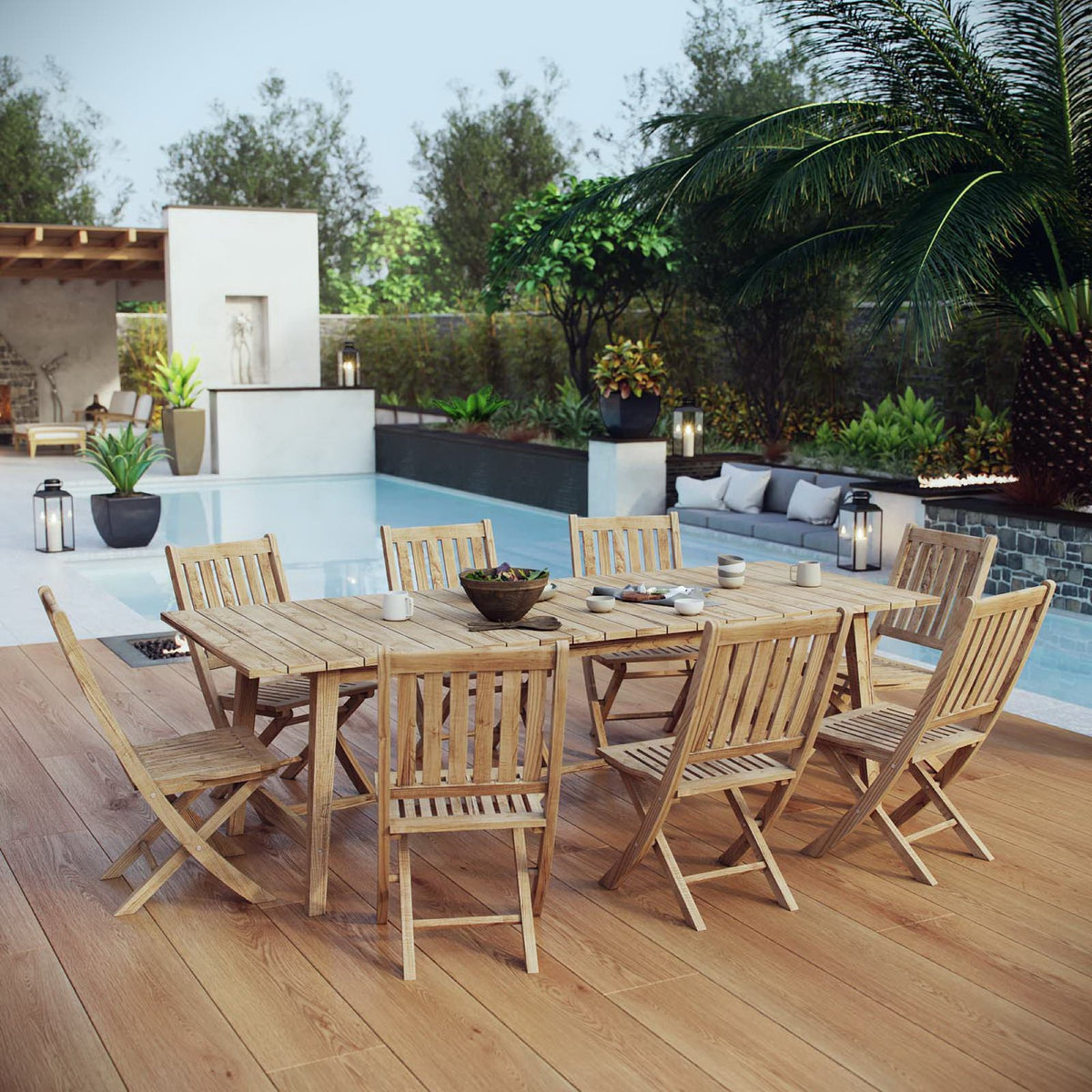 Marina 9 Piece Outdoor Patio Teak Dining Set - Natural (EEI-3313-NAT-SET)