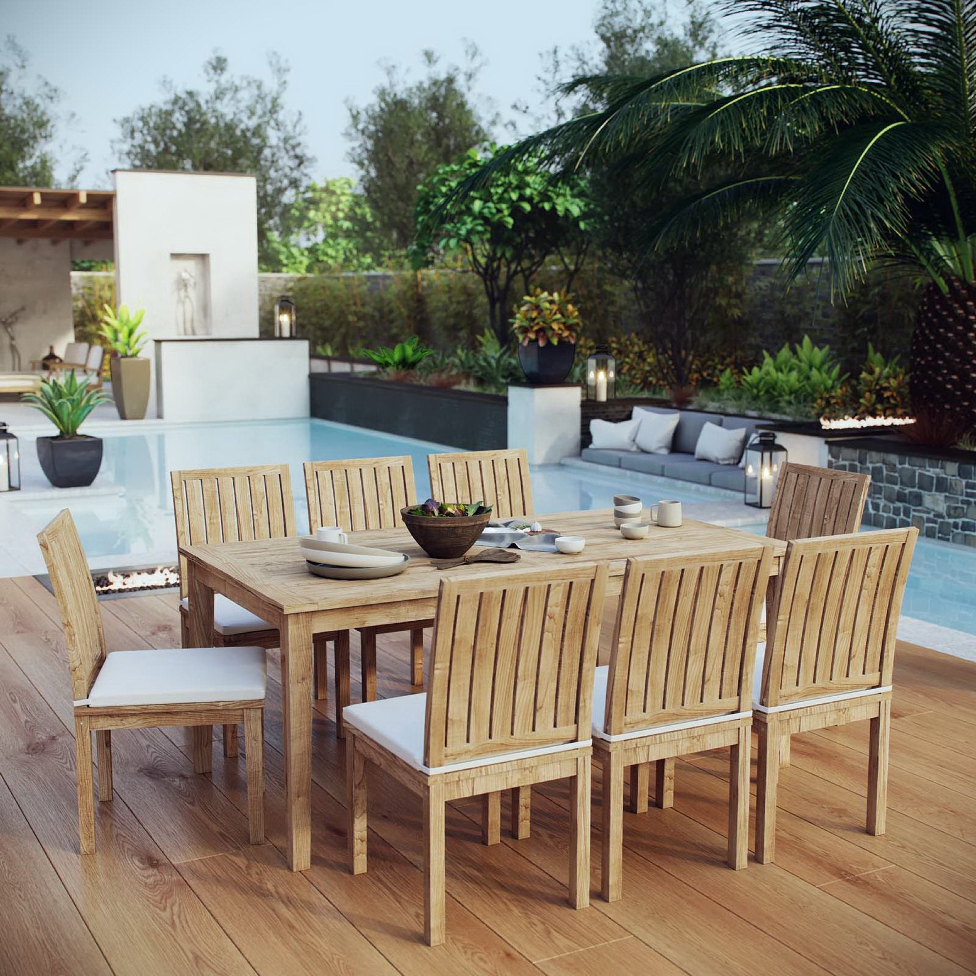 Marina 9 Piece Outdoor Patio Teak Dining Set - Natural White (8 Side Chairs, Table)