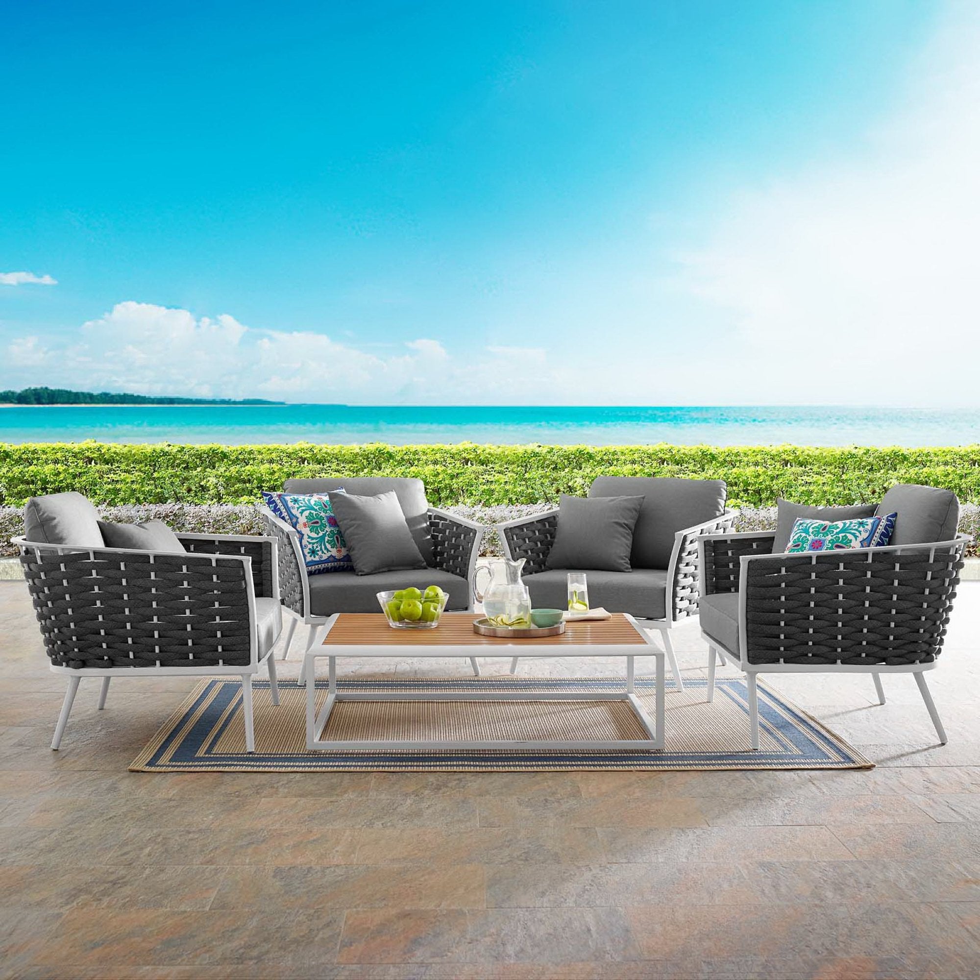Stance 5 Piece Outdoor Patio Aluminum Sectional Sofa Set - White Gray