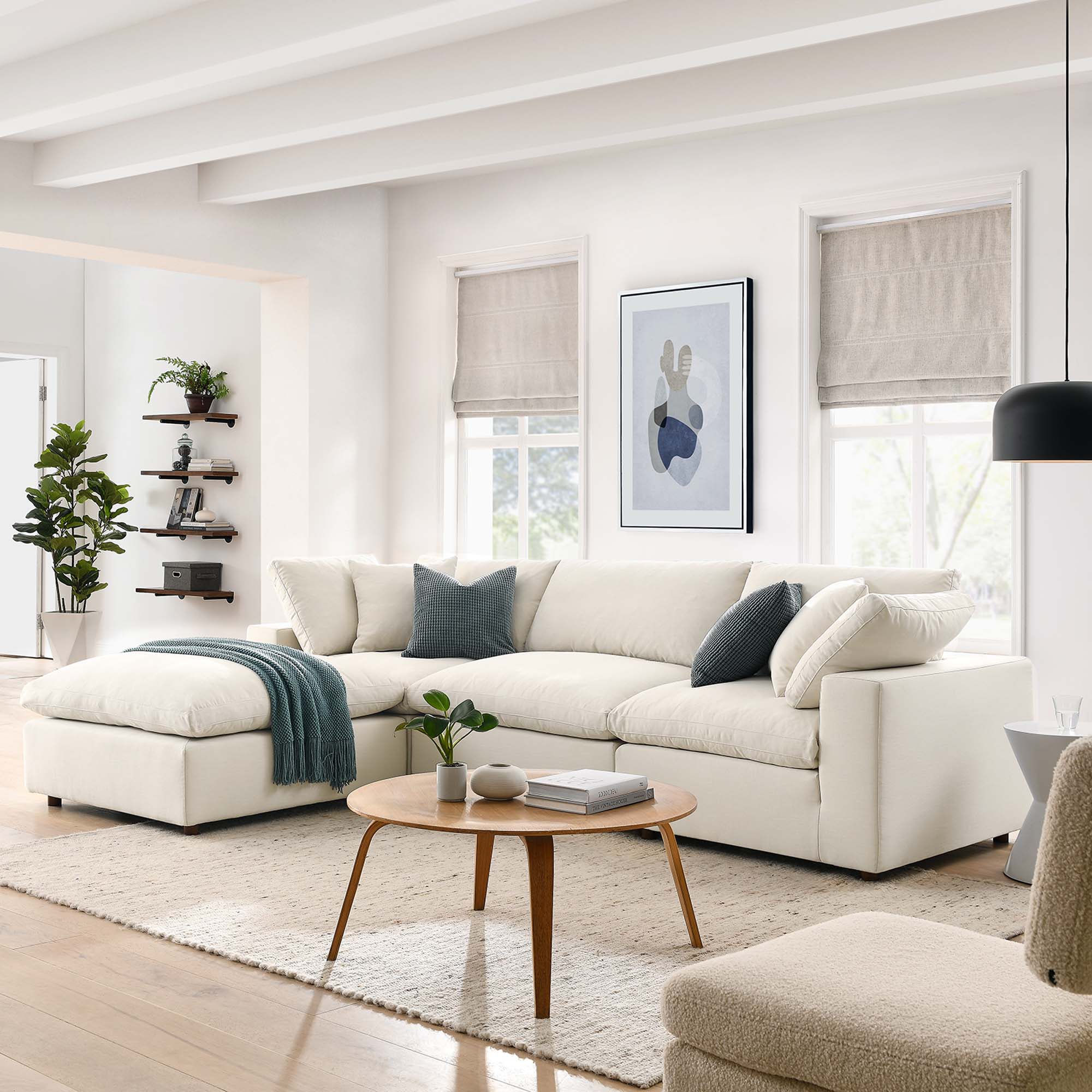 Commix 4 Piece Down Filled Overstuffed Sectional Sofa Set - Light Beige (Armless Chair, 2 Corner Chairs, Ottoman)