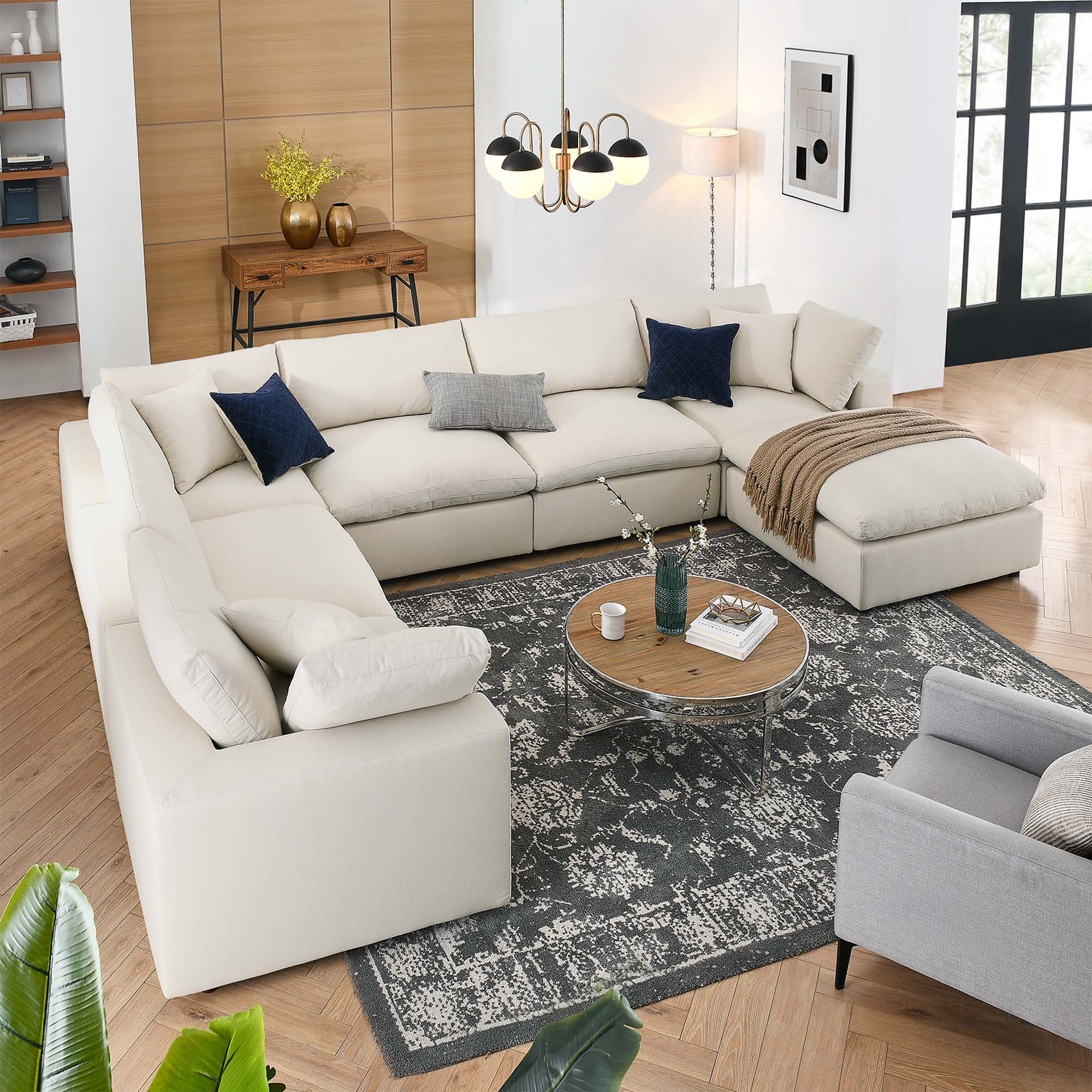 Commix 7-Piece Down Filled Overstuffed Sectional Sofa - Light Beige