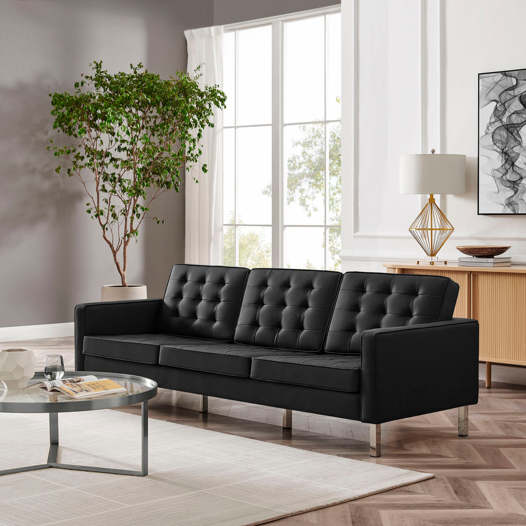 Loft Tufted Vegan Leather Sofa - Silver Black